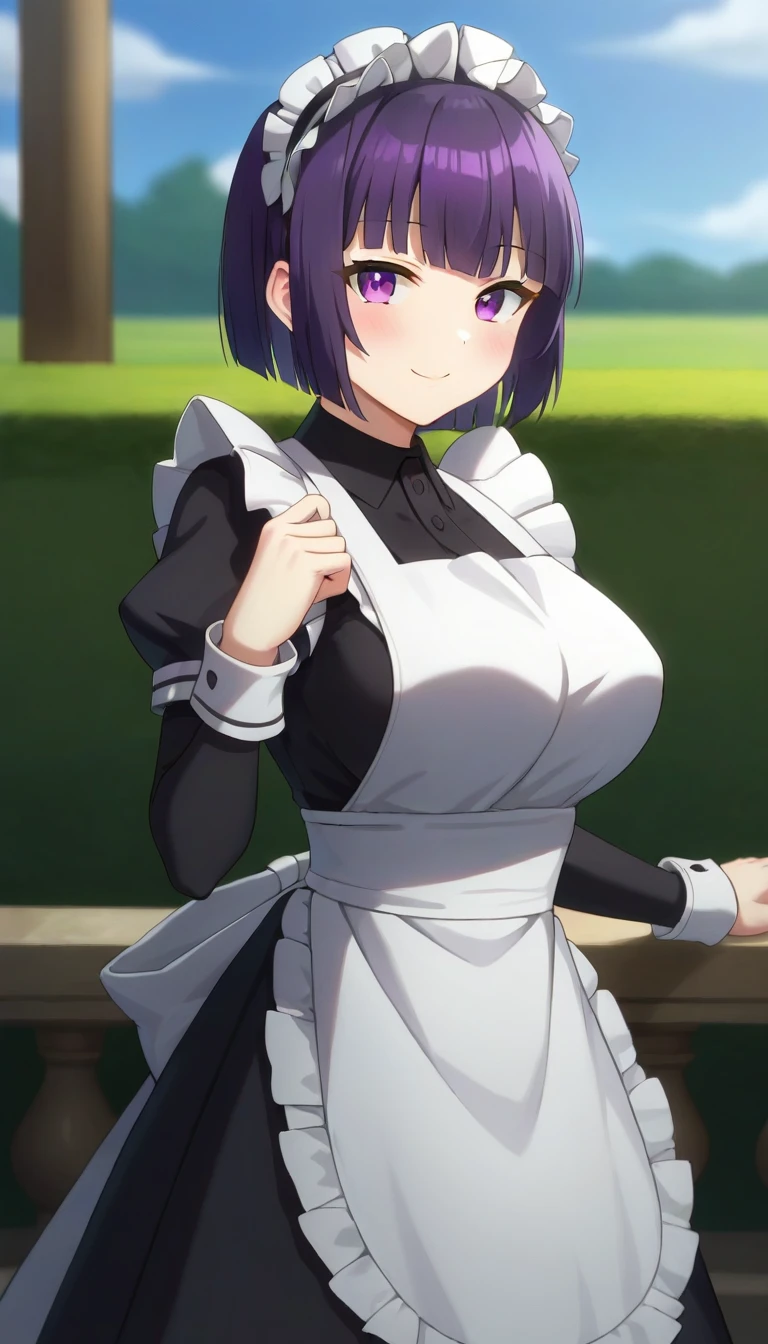 score_9,score_8_up,masterpiece,best quality,correct anatomy,anime_source,1girl,solo,perfect eyes,perfect arms,perfect legs,perfect face,outdoors,upper body,(portrait:1.5),looking at viewer,facing viewer,smile,blush,Eris,maid headdress,short hair,purple hair,bob cut,blunt bangs,purple eyes,frills,black dress,long dress,puffy sleeves,short sleeves,detached sleeves,wrist cuffs,long sleeves,large breasts,maid apron,white apron,frilled apron,black thighhighs,black footwear,<lora:Eris(tsdnod)-Pony:1.2>,