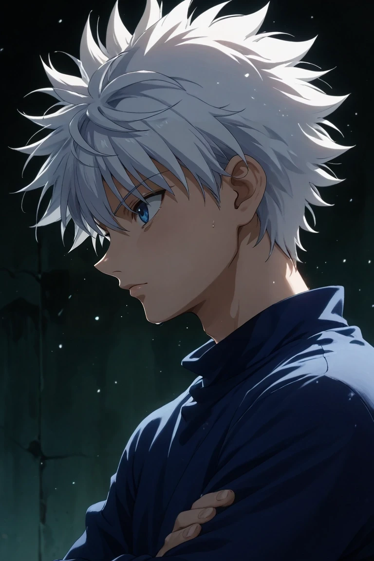 score_9, score_8_up, score_7_up, source_anime, rating_safe, , anime screencap, , , , , 1boy, solo, male focus, <lora:killua_zoldyck_pony:0.94>, killua_zoldyck, white hair, blue eyes, short hair, spiked hair, bangs, messy hair, profile, cold, ice, noon, crossed arms, giggling, , <lora:sdxl_lightning_8step_lora:1>