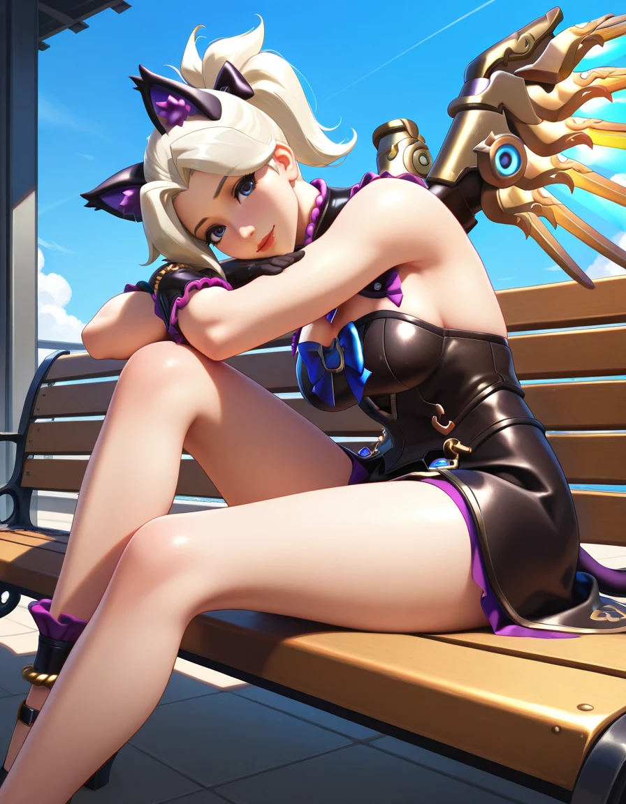 Masterpiece, high-res, 2k, best quality,   1 girl  , mercy (overwatch),  mercy kitty <lora:Mercy Kitty-000040:1> Sitting on a bench with arms resting on the backrest