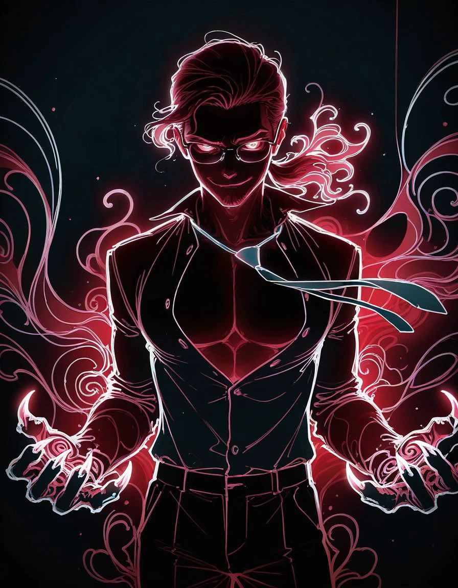 masterpiece,   <lora:Navi_LustStrokes_IL:1>  limited palette, sketch,glowing, psychedelic,  black theme,
man, ponytail, dynamic pose, looking at viewer, claws, smirk, glasses, necktie, floating clothes, pectorals, partially unbuttoned, adjusting