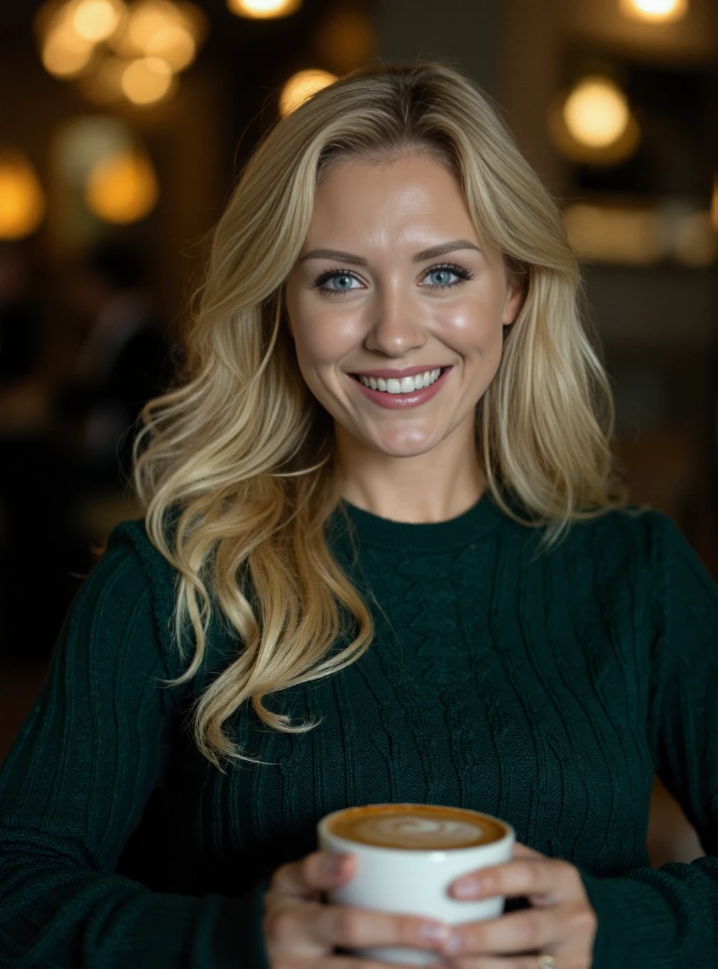 A professional photograph of a young woman Nicky_Whelan wearing a dark green cableknit sweater in a cafe, holding a latte. Blonde hair, light make-up, detailed skin, bokeh, female focus, (SFW), smile <lora:Nicky_Whelan:1>