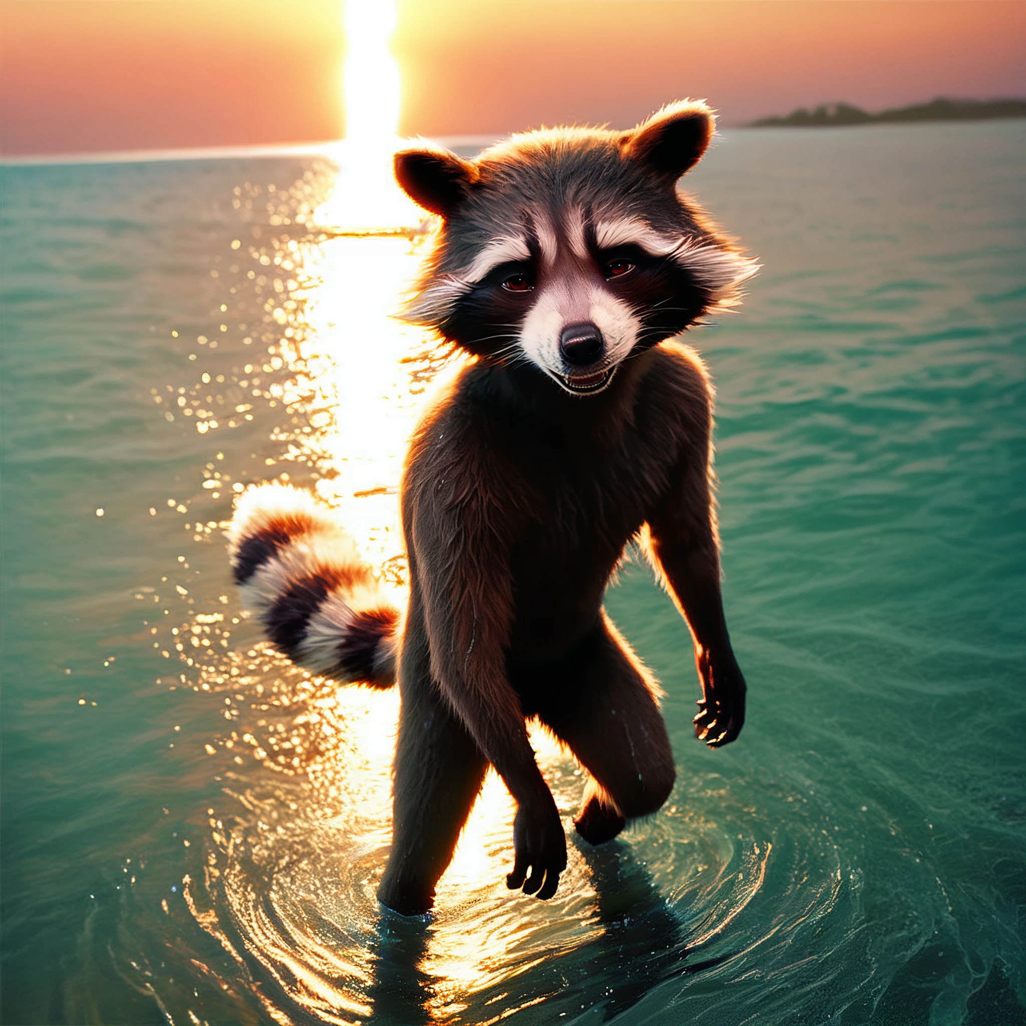 score_9, score_8_up, score_7_up, BREAK  <lora:rraccoon_ponyxl-000004:1> rraccoon2024, male, realistic, looking at viewer, happy, tropical background, backlighting, full body, knee deep water, standing in water, emerging from the ocean, wet fur, drenched, hidden camera,beach, <lora:add-detail-xl:1> <lora:xl_more_art-full_v1:1>