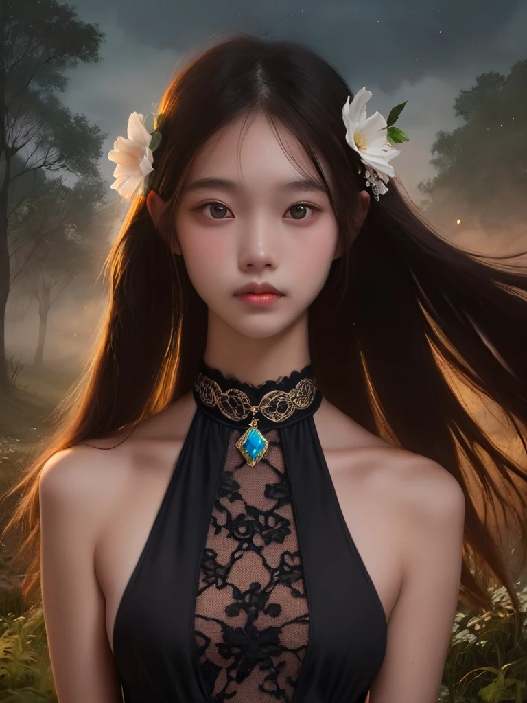 score_9, score_8_up, score_7_up, score_6_up, score_5_up, score_4_up, realistic, portrait, upper body, lips, nose, solo, 1girl, idol, young woman, asian female, halterneck , black lace trim dress, large breasts, wide hips, plump, slender, slim, thin, bright skin, fair skin, skin pores, floating hair, brown hair, white hair flower, jewelry, gem necklace, lips, nose, dim, dark, tree, plant, steam, stream, grass, forest, leaves, flower, dynamic views, night, fog, <lora:AsianHafuLora_pony:0.8>