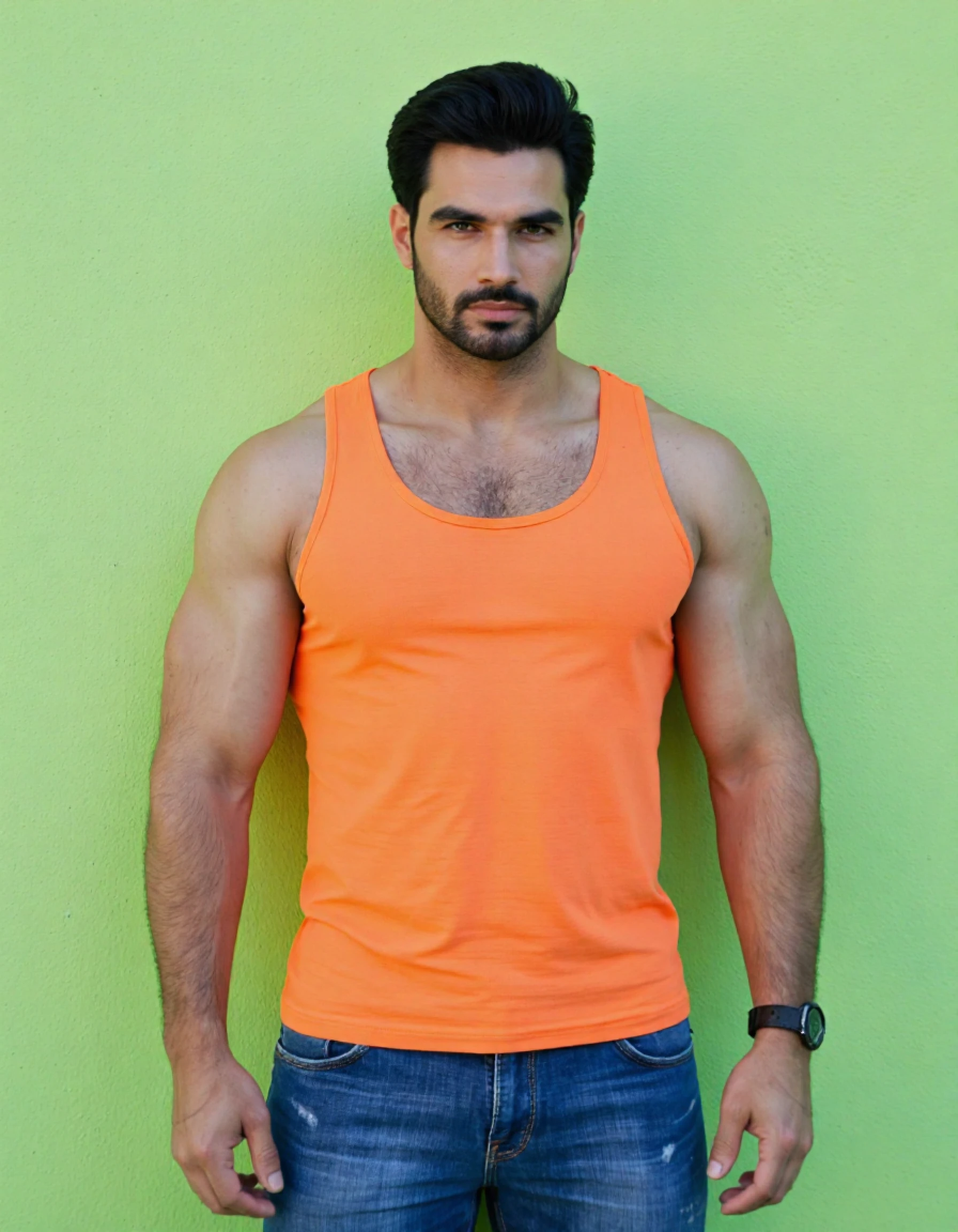 p4l4d1nd4n53 a man standing in front of a wall. he is handsome. he is muscular. he is hairy. he is wearing an orange tank. he is wearing blue jeans. he is looking at you. the wall is green.