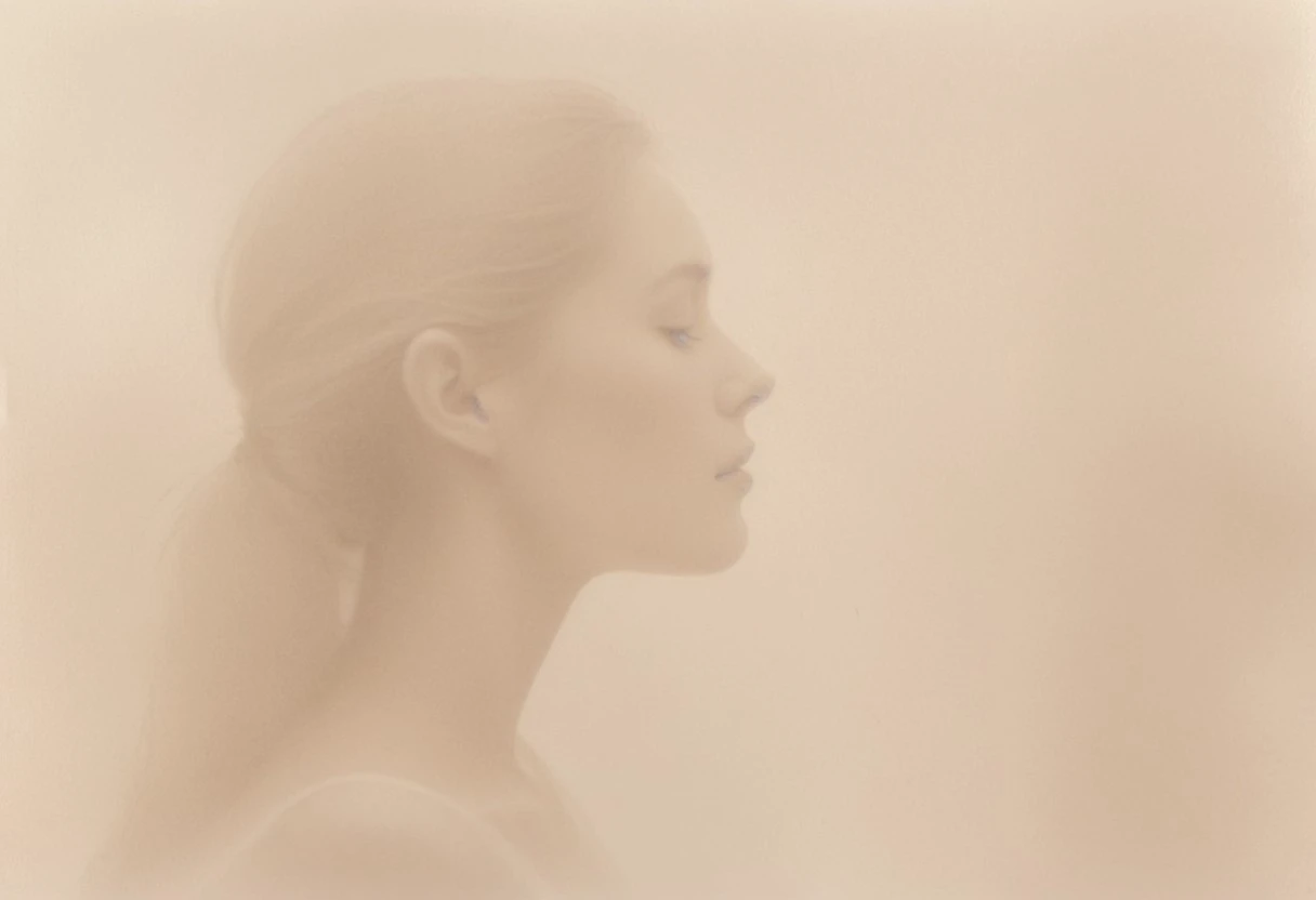 an aesthetic, minimalist depiction of a female profile in side view. The focus is on the soft contours and calm, monochromatic tones. The scene feels mystical and dreamy, almost as if viewed through a delicate mist, with gentle light accentuating the silhouette. The background is diffuse and creamy white, drawing attention to the elegant simplicity of the figure.