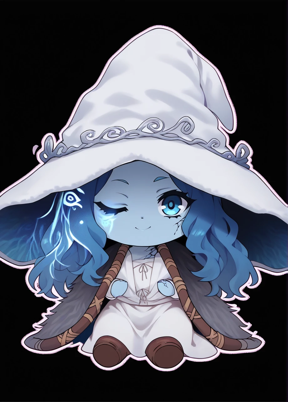 <lora:ER_Ranni-PONY:0.8> 1girl, solo, erranni, blue hair, colored skin, wink, cracked skin, witch hat, white dress, cloak, <lora:plushie:0.8> plushieSDXL, chibi, sitting, score_8_up, score_7_up, score_6_up, score_5_up, score_4_up,