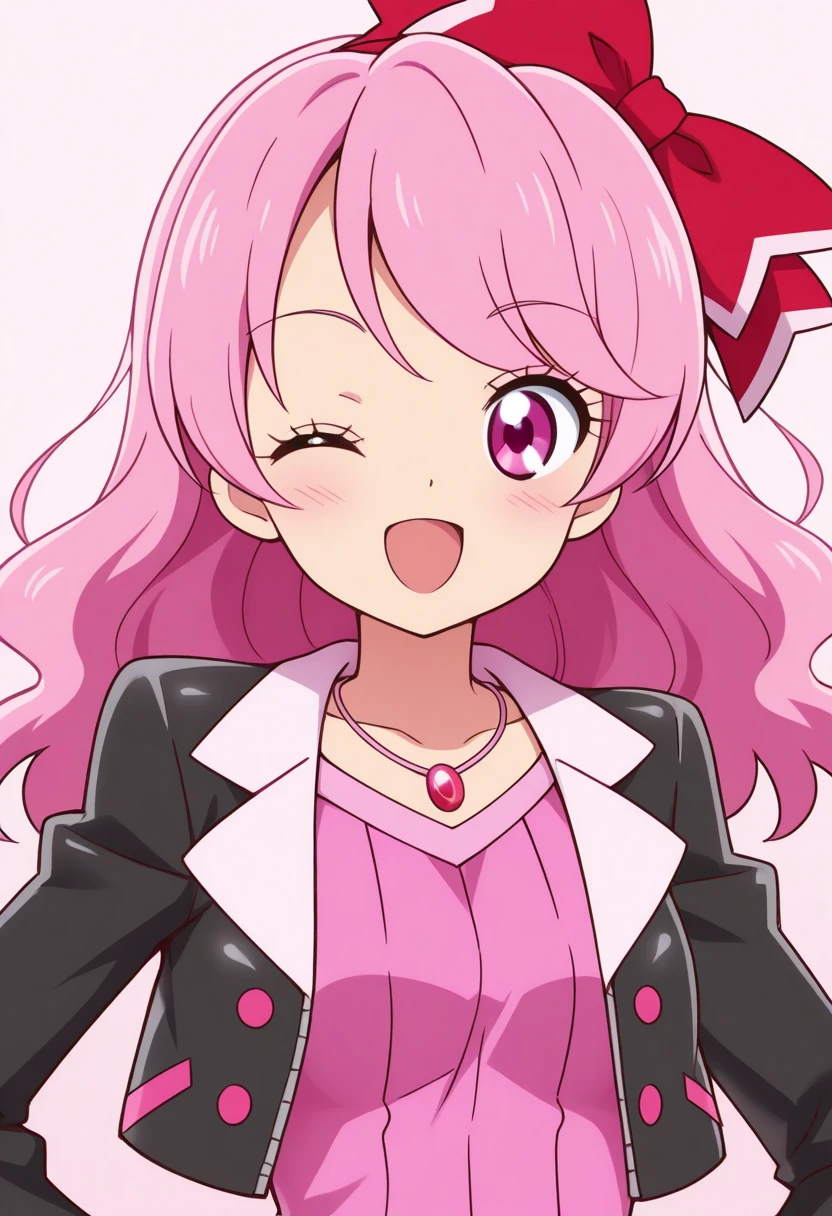 Masterpiece, great quality, humangarnet, jewelpet \(series\), 1girl, one eye closed, pink hair, solo, smile, open mouth, long hair, pink eyes, ;d, bow, from right, watermark, ribbon hair, pink shirt, jacket, black jacket