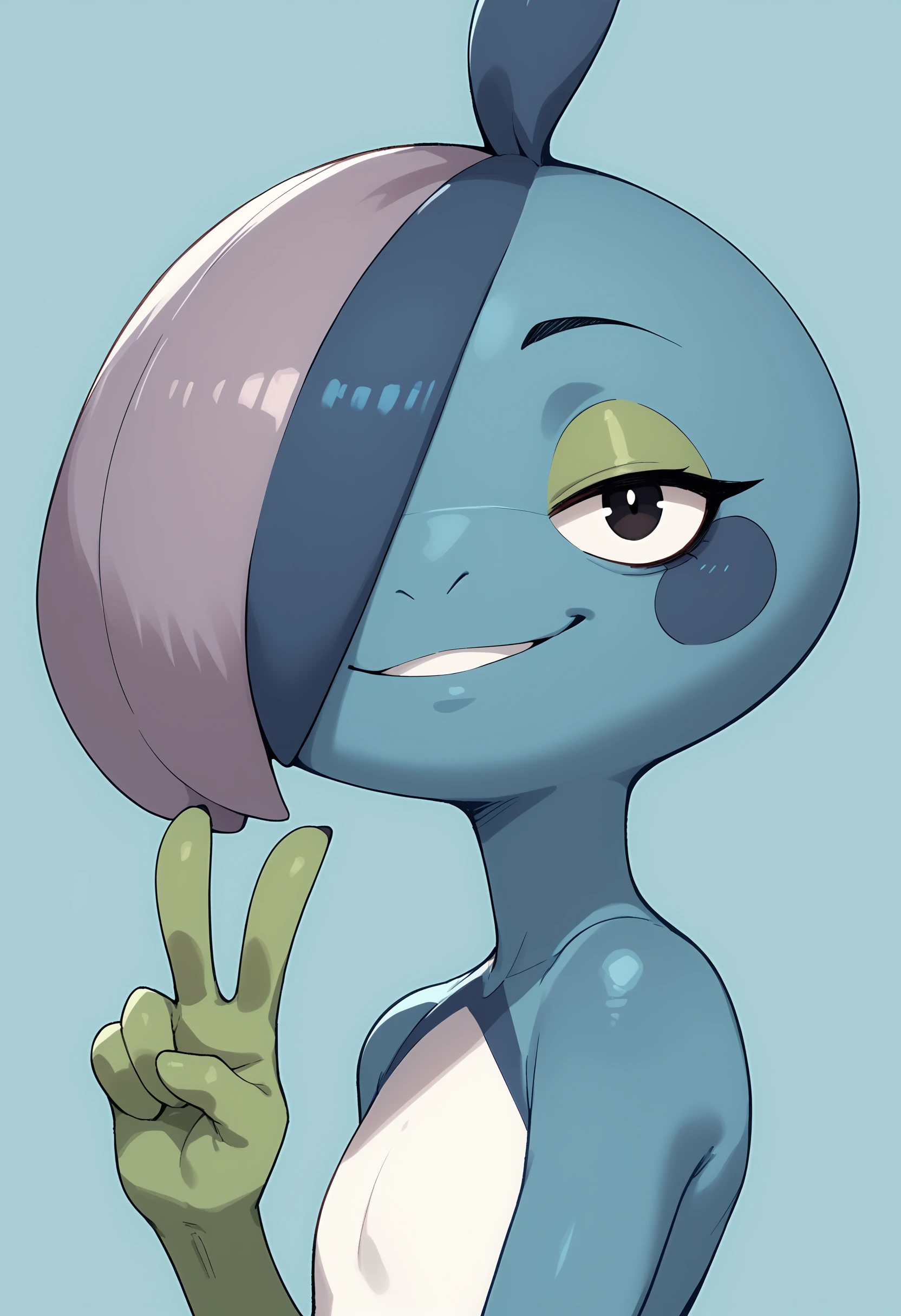 score_9, score_8_up, score_7_up, score_6_up, score_5_up, score_4_up, 1girl <lora:DrizzileF:0.85> ,drizzf, no humans, colored skin, blue skin, black eyes, furry, tail, upper body, hair over one eye, looking at viewer, v sign, smile,
light blue background, simple background,
