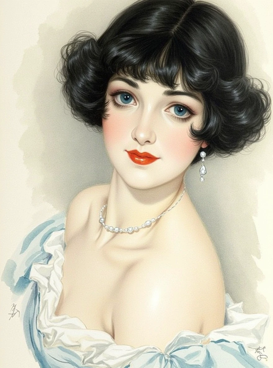 A delicate, watercolor painting portrays, a very young nude beautiful Elizabeth Taylor look, medium firm breasts, standing bare feet without background, large pussy, her features rendered in subtle shading and precise lines. The framing is tight, focusing attention on the subject's serene face. Soft, feathery strokes convey the gentle texture of her hair,