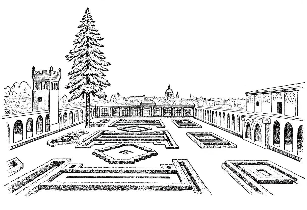 This is a black-and-white pencil illustration about Roman Empire. The scene depicts Villa Medici in Rome from a terrace perspective. A detailed view showcases the architecture with arches and a tower on the left. Foreground features manicured gardens with geometric hedges and a central palm. In the background, a large pine tree rises toward the sky. A dome, possibly St. Peter's Basilica, appears on the distant horizon. The composition is balanced, conveying a serene, timeless atmosphere, typical of early 20th-century pen illustrations.