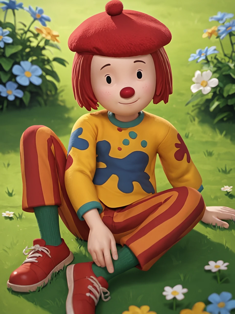 score_9, score_8_up, score_7_up, BREAK,  J0J0T1ckl3, solo, red hair, red nose, black eyes, beret, yellow shirt, print shirt, red pants, striped pants, red footwear, green socks, in the park, sitting on the ground, smile, grass, flowers, looking at viewer, sitting,  <lora:JoJo_Tickle:0.9>