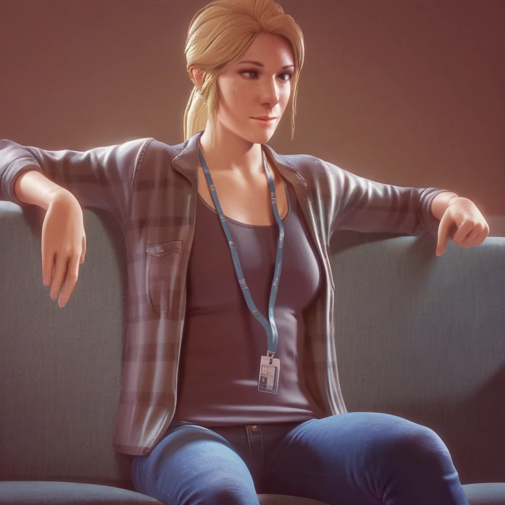 score_9, solo, sarah_dg, blonde hair, ponytail, shirt, jacket, jeans, lanyard, sitting, sofa