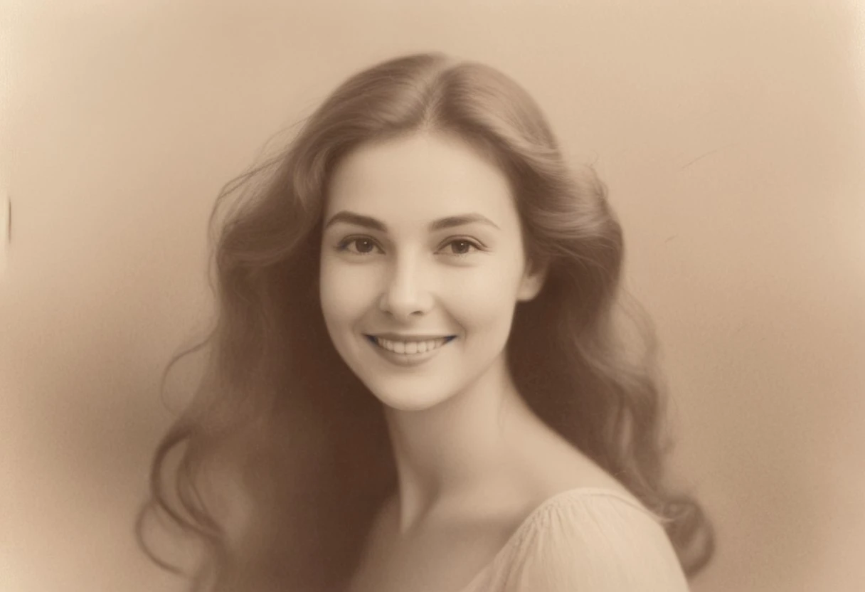 Create a soft, sepia-toned portrait of an elegant woman with flowing hair and a gentle smile. The composition is inspired by vintage photography, featuring subtle, dreamy transitions and a warm, nostalgic atmosphere. The background is blurred, enhancing the ethereal aesthetic of the image.