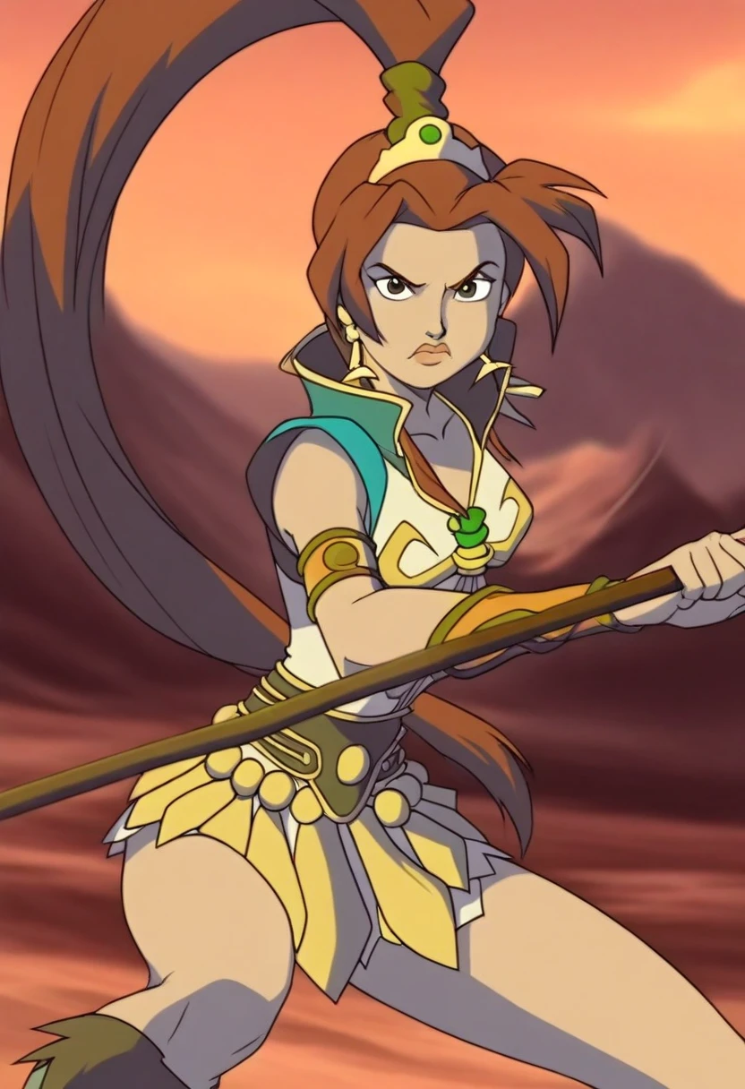 1girl,,best quality,masterpiece, teela2k2, upper ponytail, legs visible, holding staff, dynamic action pose, serious expression, dynamic motion, action scene, detailed shading