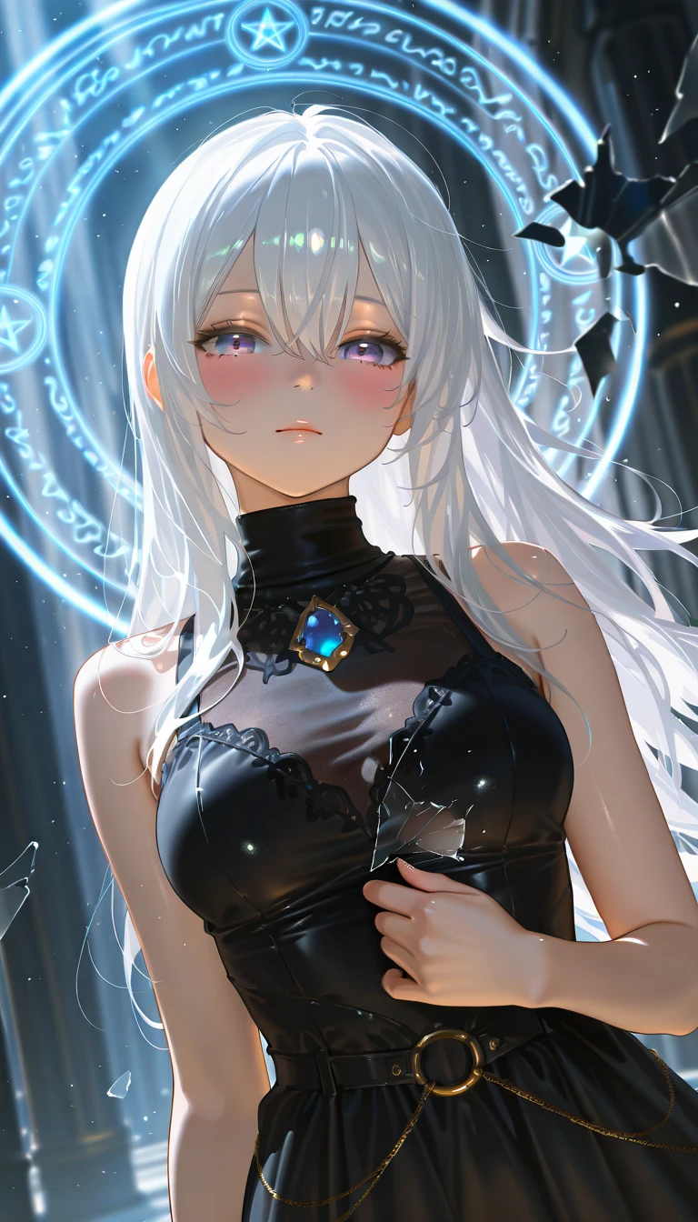 masterpiece, best quality, amazing quality, very aesthetic, high resolution, ultra-detailed, absurdres, newest, scenery, dark fantasy, cinematic light, 1girl, cute, solo, white hair, long hair, purple eyes, medium breasts, luxurious gothic turtleneck black dress, (blue gem, gold embedded clothes:1.2), no sleeves, shoulders, looking at viewer, blush, hair between eyes, dutch angle, upper body, swirling black light around the character, depth of field, black light particles, (broken glass:1.2), magic circle, fine fabric emphasis, BREAK, extremely detailed clothes, photorealistic, eyes, hands, fingers, lips, detailed eyes, shiny skin, detailed skin, detailed hair, masterpiece, best quality, amazing quality, very aesthetic, high resolution, ultra-detailed, absurdres, newest, scenery, volumetric lighting