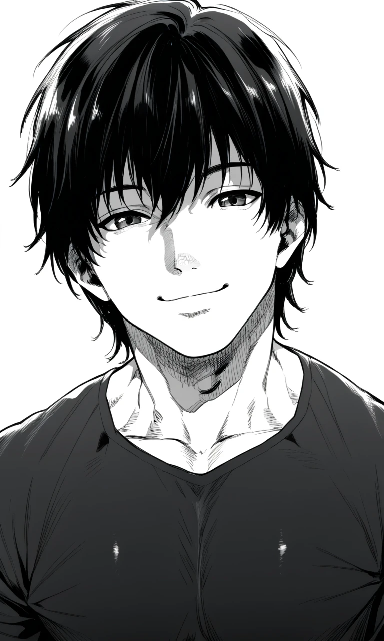 score_9, score_8_up, score_7_up, 1boy, kimidake, muscular, monochrome, looking_at_viewer, smile, portrait, male_focus, black_hair, closed_mouth,