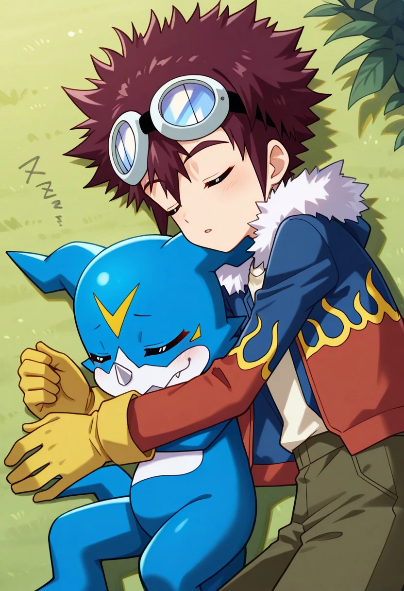 masterpiece, best quality, 
davismotomiya, 1boy, male focus, solo, closed eyes, brown hair, short hair, spiked hair, goggles, goggles on head, shirt, white shirt, jacket, fur trim, flame print, long sleeves, open jacket, open clothes, multicolored jacket, multicolored clothes, red and blue jacket, gloves, yellow gloves, digimon (creature), v-mon (digimon), hugging digimon, 
outdoor,  nature, sleeping, lying, on ground,