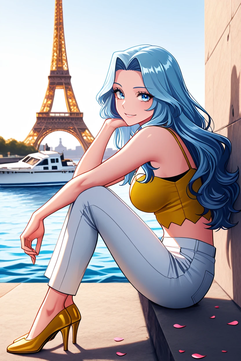 masterpiece, best quality, 1girl, solo, 21 year old model, eyelashes, (beautiful eyes),     ,,,zzKaren, blue eyes, blue hair, long hair, yellow crop top, white pants, high heels, <lora:KarenPokemonIXL:1.0>, ,,, zzEiffelTower in background, sitting, watercraft, boat, sitting on wall, side view, looking at viewer, smile,,, blooming stars, luminescent petals, otherworldly fragrance blurry background, <lora:EiffelTowerIXL_v2:1.0>,