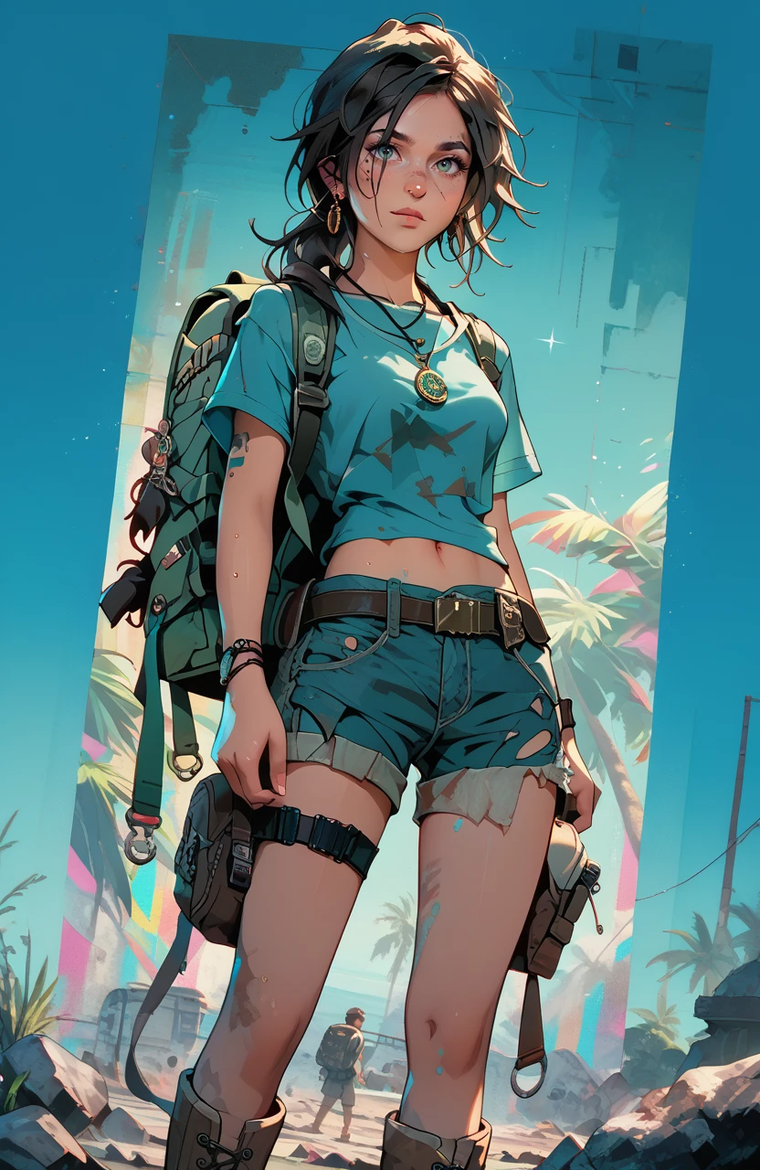 score_9, score_8_up, score_8, painting of lara croft (tomb raider), beautiful woman, long dark hair, loose ponytail, sweaty, earrings, necklaces, dirty aqua blue crop top, , short denim shorts, boots, backpack, holsters on thigh straps, pierced navel, no tattoos, standing examining a crashed world war 2 american bomber, heavily damaged, rusted and decayed, overgrown by jungle,, fast painting, dirt portrait, very colorful, glitch, sparkles, (intricate details), (dynamic angle), (cinematic lights), (realistic skin:1.4), sharp, (analog film grain), colorful background,<lora:Dystopian Anime_epoch_15:1>,