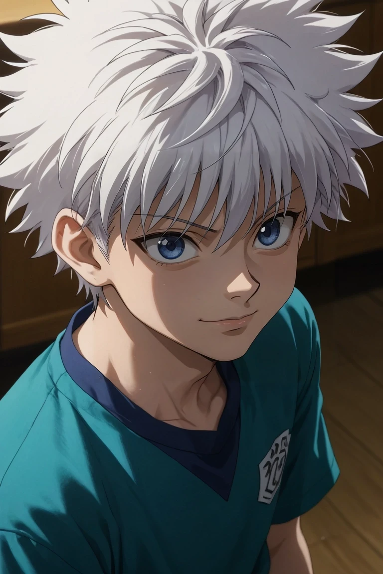 score_9, score_8_up, score_7_up, source_anime, rating_safe, , anime screencap, , official style, , depth of field, 1boy, solo, male focus, <lora:killua_zoldyck_pony:1>, killua_zoldyck, white hair, blue eyes, short hair, spiked hair, bangs, messy hair, from above, dining room, day, sunny, twisted torso, seductive smile, , <lora:sdxl_lightning_8step_lora:1>