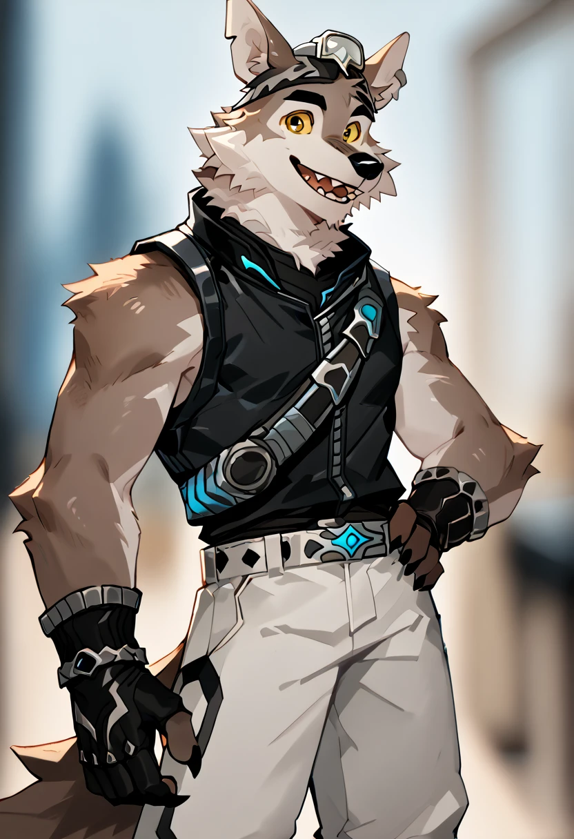 score_9, score_8_up, score_7_up, high res, best quality, by hemuchang, wendell, fortnite, <lora:Wendell_Fortnite:1>, <lora:Hemuchang_style:1> BREAK 
Furry, wolf, 1boy, male focus, colored sclera, belt, smile, tail, solo, teeth, yellow eyes, goggles, simple background, furry, standing, gloves, claws, pants, blurry background, room, black gloves, black shirt, white pants, looking at viewer, furry male, flat color, wolf tail, shirt, sleeveless