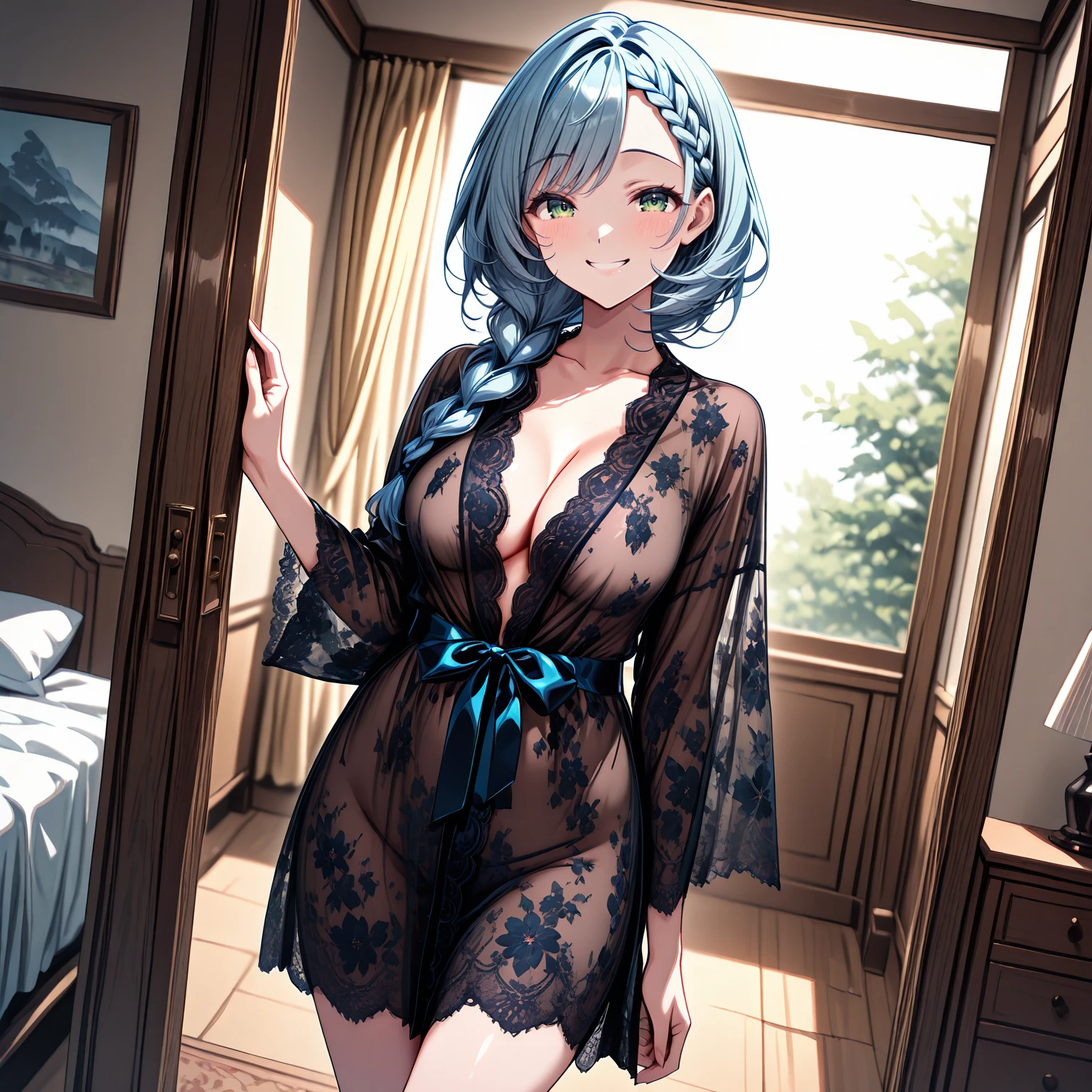 masterpiece,best quality,amazing quality, anime coloring, 1girl, mature female, aged up, braided bangs, light blush, single braid, green eyes, blue hair, smile, bedroom, depth of field, standing, cowboy shot, dutch angle, day, bare legs, <lora:IL_Floral_mesh_Robe_see-through:0.9> black floral mesh robe, long sleeves, see-through, satin bow belt <lora:IL_Dreamy_soft_lines_for_Pony:0.7> dresofl <lora:IL_Between_pencils_and_semi-realism_Style:0.7> stbedap