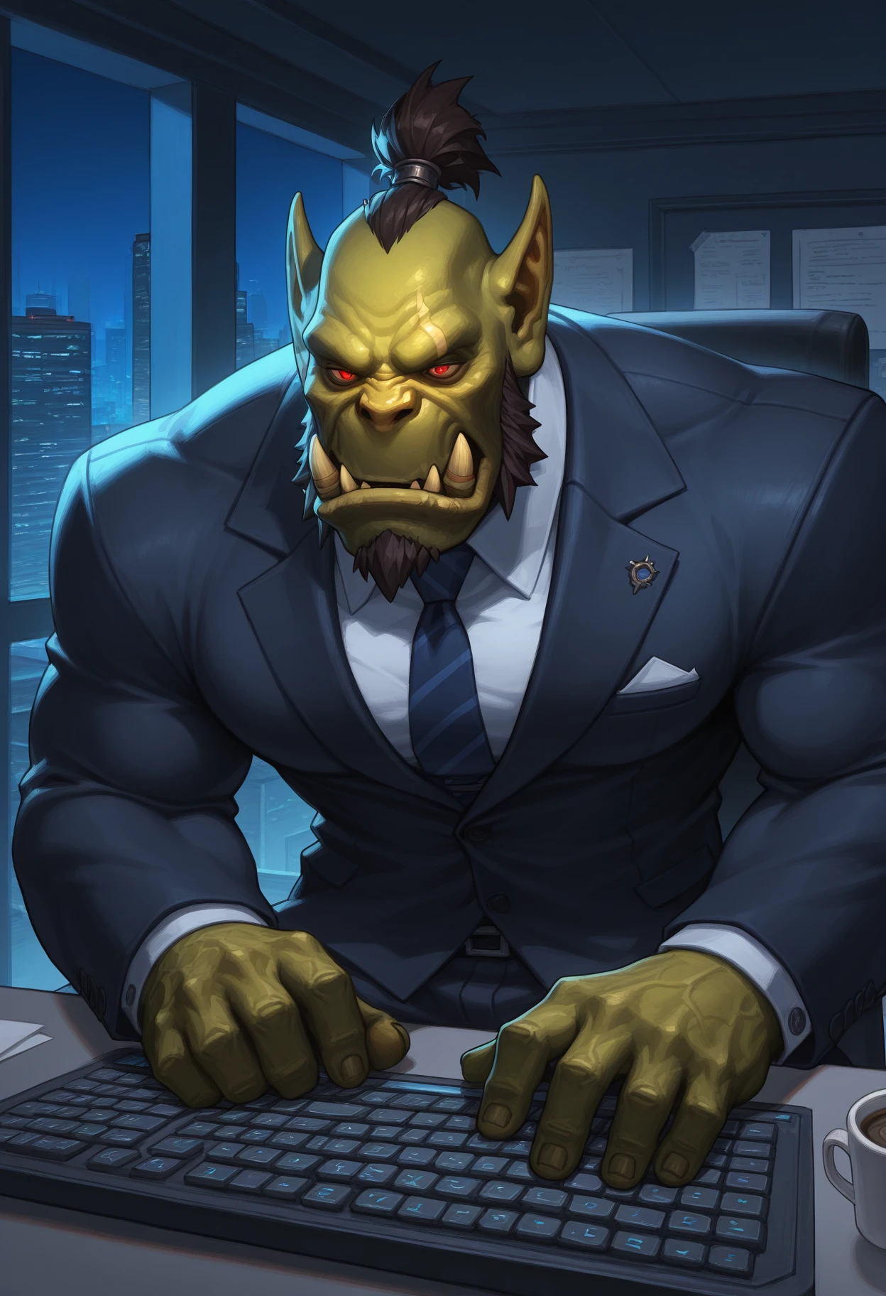 detailed face, detailed body, detailed background, perfect anatomy, masterpiece, high quality, best quality, indoors, office, night, city, neon, 1boy, orc_wow, orc, tusks, pointy ears, green skin, muscular, short hair, red eyes, suit, tie, sitting, tyiping on keyboard, tired, coffee  <lora:Orc_WoW_V1_ILXL:0.8>  <lora:detailed_notrigger:1> 
 <lora:Expressive_H:1>