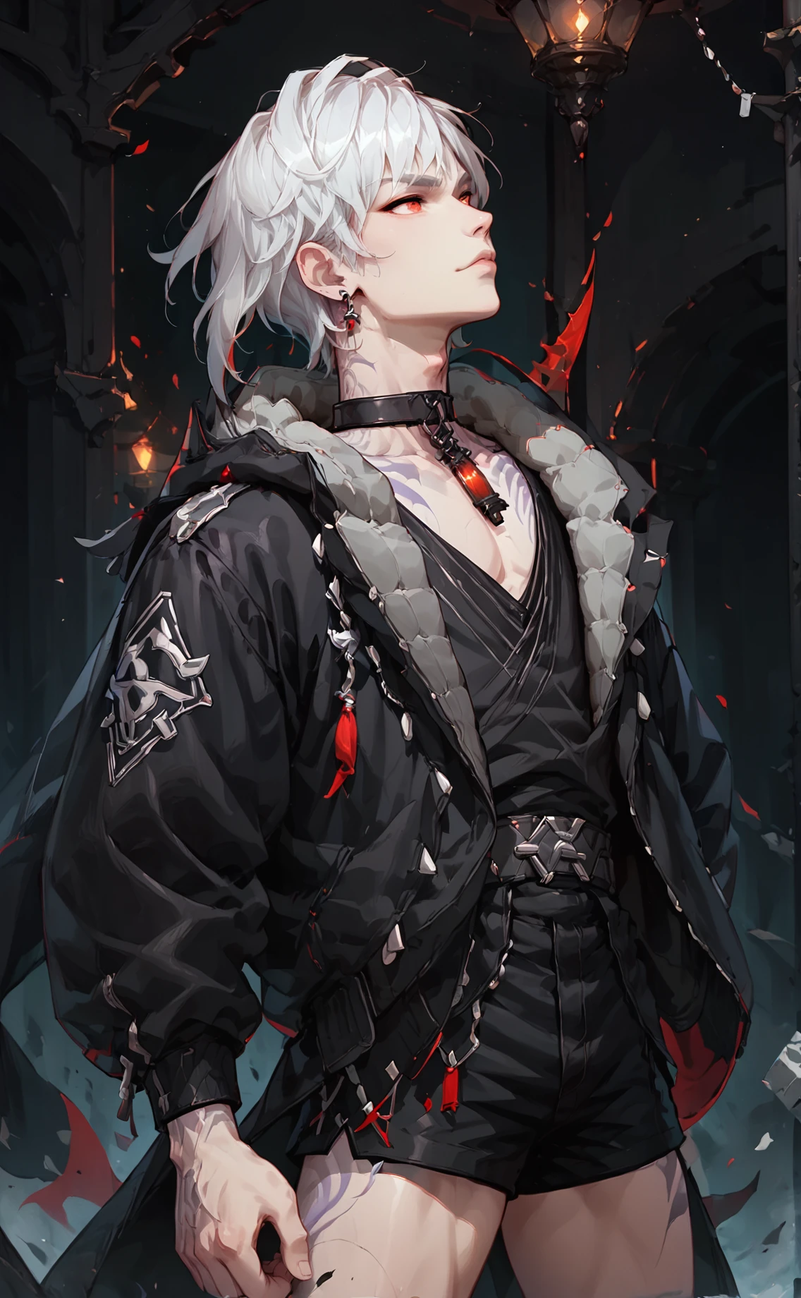 score_9_up, score_8_up, score_7_up, score_6_up, 1boy, solo, male focus, masculine, haste, slim, white hair, short hair, red eyes, pale white skin, tattoo, black jacket with grey fur trim, black choker with red cylinder gem pendant, black low cut undershirt, short shorts, belt, cross earring, partial portrait, dark fantasy art, grimdark, best_quality, masterpiece, dark cold color scheme, valorant style, dvs, head down, <lora:sxz-valorant-smol-v2-pdxl:0.2> <lora:Concept Art DarkSide Style LoRA_Pony XL v6:0.55>  <lora:Haste_-_Epic_Seven_Pony-000009:0.85>