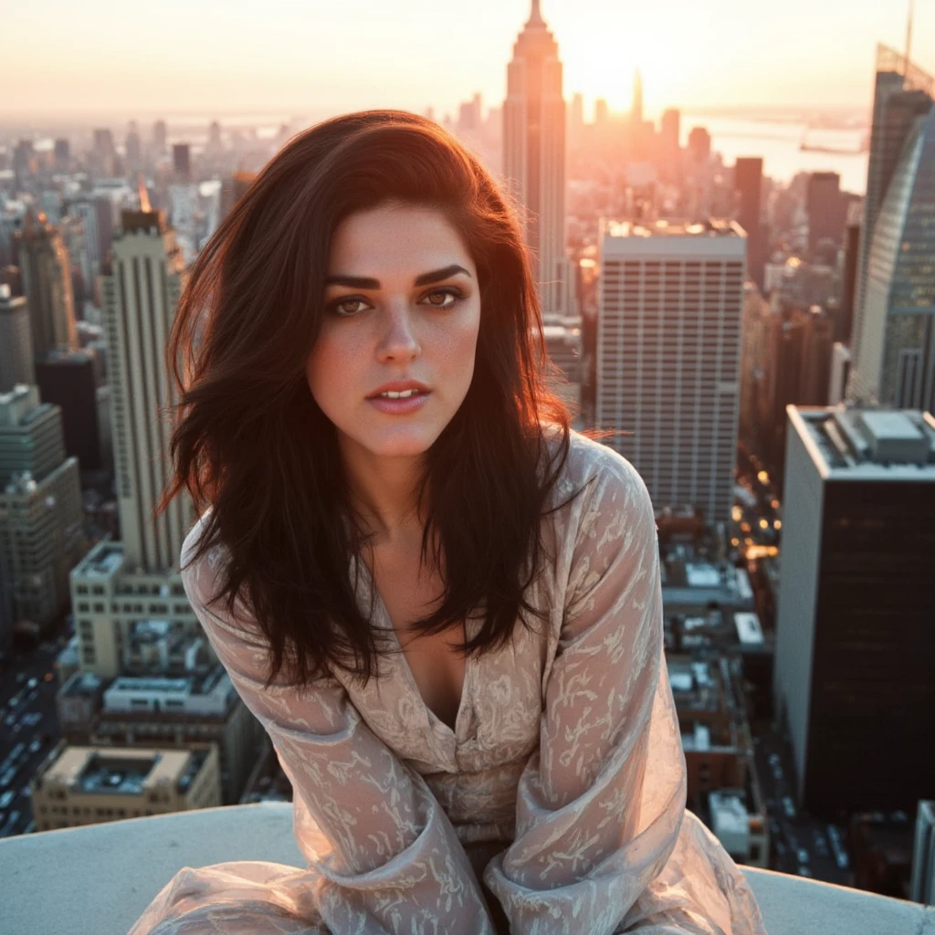 call1e, ultra realistic, ultra detailed textures, 8k, cinematic, cinematic lighting, film grain, analog photo shot with a 35mm, ethereal looking, dark hair woman, looking at the viewer with a smile, and dreamy eyes, sitting on the edge of a skyscraper rooftop at golden hour, overlooking a sprawling cityscape. Use a drone for an aerial perspective, capturing the juxtaposition of her calm demeanor with the busy streets below. Alternatively, use a wide-angle lens to incorporate her figure against the sunset and urban skyline. The soft orange-pink light reflects off glass buildings, bathing her in a warm, inviting glow. Emphasize details like the texture of her windswept hair and the subtle emotion in her gaze as she looks outward. magnificent, celestial, ethereal, painterly, epic, majestic, magical, fantasy art, cover art, dreamy