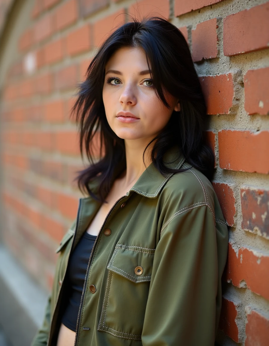 woman, mcvalensia, Leaning against a rustic brick wall wearing an olive green utility jacket, <lora:mcvalensia:1>