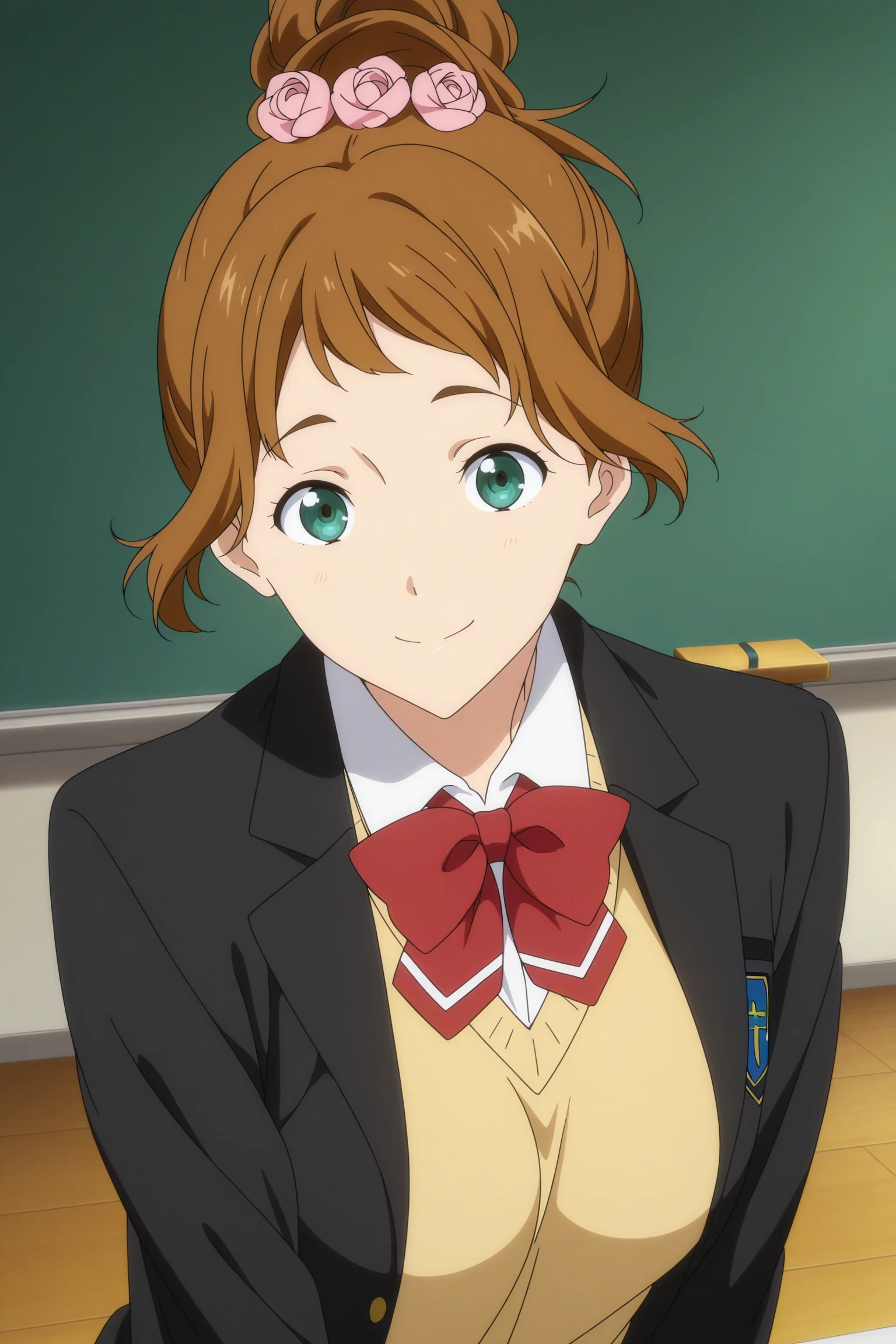 masterpiece, best quality, amazing quality, highres, absurdres, very aesthetic, high resolution, ultra detailed, perfect details, 1girl, solo, indoors, day, classroom, medium breasts, hanamura chigusa, brown hair, hair flower, hair ornament, hair bun, sidelocks, green eyes, school uniform, long sleeves, blazer, black jacket, white shirt, colloared shirt, red bowtie, yellow sweater, brown skirt, pleated skirt, black kneehighs, pink-brown sneakers, <lora:Chigusa_Hanamura_ILXL:0.8>, (aged up:1.3), looking at viewer, (upper body:1.4), smile, anime screencap, (pose:1.1)