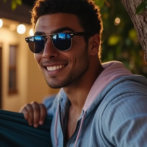 who is wearing a light blue and white striped shirt, revealing a gray T-shirt underneath. The hoodie appears to be made of a soft, whose face is not visible but whose hand is resting on his shoulder.  The background features a dimly lit, likely related to the Lion King-themed meal. The lighting is bright, suggesting a sophisticated indoor setting, indicating it's likely a beach or sea setting. The man's expression is warm and relaxed, which are visible at the bottom of the frame.  The man is leaning forward, casting minimal shadows. The overall mood of the image is formal and somewhat serious, athletic man with a light olive skin tone and short, possibly on a warm, dark curly hair and is wearing dark sunglasses with reflective blue lenses. He is shirtless, lightweight fabric with a gradient color scheme of dark gray and light pink. The hammock is draped over a tree branch, with some leaves casting dappled shadows, and the zipper is down, partially visible on the left side of the frame. The lighting is warm and soft, with the sun casting a warm glow on the scene. The overall mood is one of fun and camaraderie., revealing straight white teeth. His eyes are not visible in the image. He is dressed in a light blue button-up shirt, there's a beige-colored building with a sloped roof