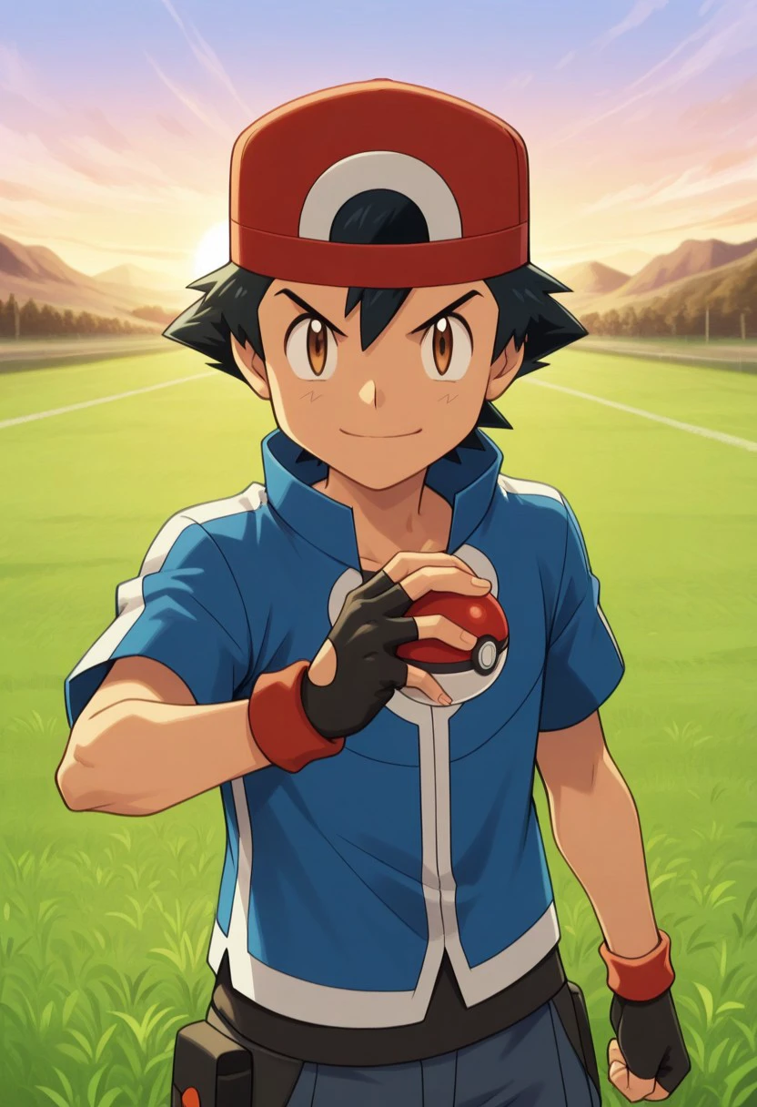 masterpiece, best quality,
ashxyz, 1boy, male focus, solo, brown eyes, black hair, bangs, hat, baseball cap, backwards_hat, red footwear, shirt, black shirt, jacket, blue jacket, short sleeves, upper body, smile, holding pokeball, determined, gloves, black gloves, fingerless gloves,
outdoor, grass, sky,