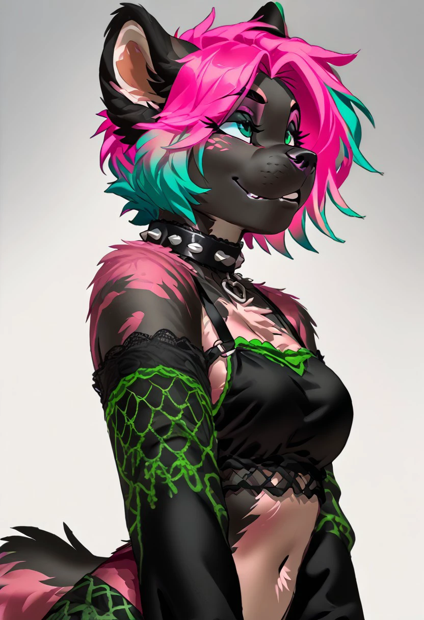 score_9, score_8_up, score_7_up, (by kittydee:1.5), (by jailbird:1.5), (by zummeng:1.5), masterpiece, best quality,    
(Furry Art: Anthro: Cane Corso:1.5), 1girl, expressive eyes, feminine eyes, perfect face, feminine face, dog, canine, cropped dog ears, cropped dog tail, dark fur, brindle fur, (pink hair with aqua green highlights:1.5), spiky hair, pixie cut hair, medium breasts, gothic clothing,