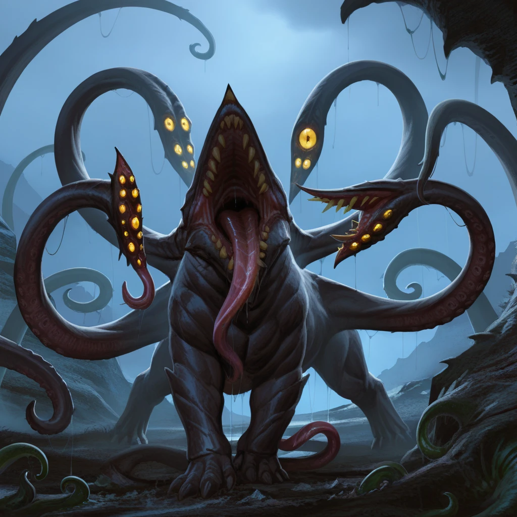 best quality, masterpiece, cinematic, dark fantasy style, (Boris Vallejo), side view of an Otyugh , three legs, three tentacles with eyes on the tips of the middle tentacle, very long tongue out , round body, chubby, mouth with sharp fangs,Otyugh standing in an ancient crystal cavern, sharp jagged crystals glowing with soft blue and violet light, slimy tentacles reflecting the luminous surroundings, mist swirling around its massive form, glowing yellow eyes, cinematic wide shot, high detail, dramatic and mystical atmosphere. otyx,high resolution,volumetric lighting,amazing quality