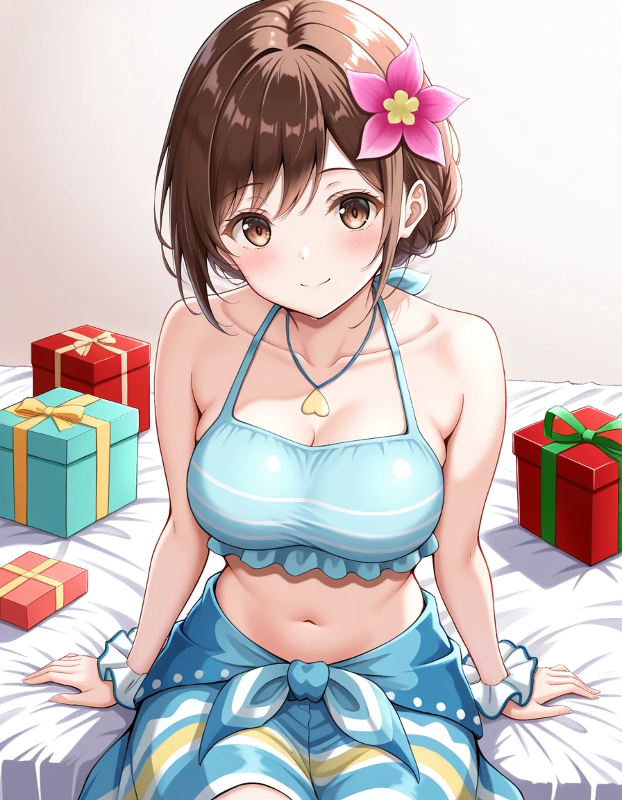 masterpiece, best_quality, absurdres,  <lora:gloria_pokemon_il:1> brown_hair, short_hair, brown_eyes, hair_flower, pink_flower, brown_eyes, jewelry, swimsuit, sleeveless, wrist_scrunchie, blue_sarong, by_ca_paria, box, collarbone, fur-trimmed_headwear, stomach, gift, fur_trim, looking_at_viewer, smile, large_breasts, blush, breasts, halterneck, 1girl, gift_box, solo, navel, bed_sheet, sitting