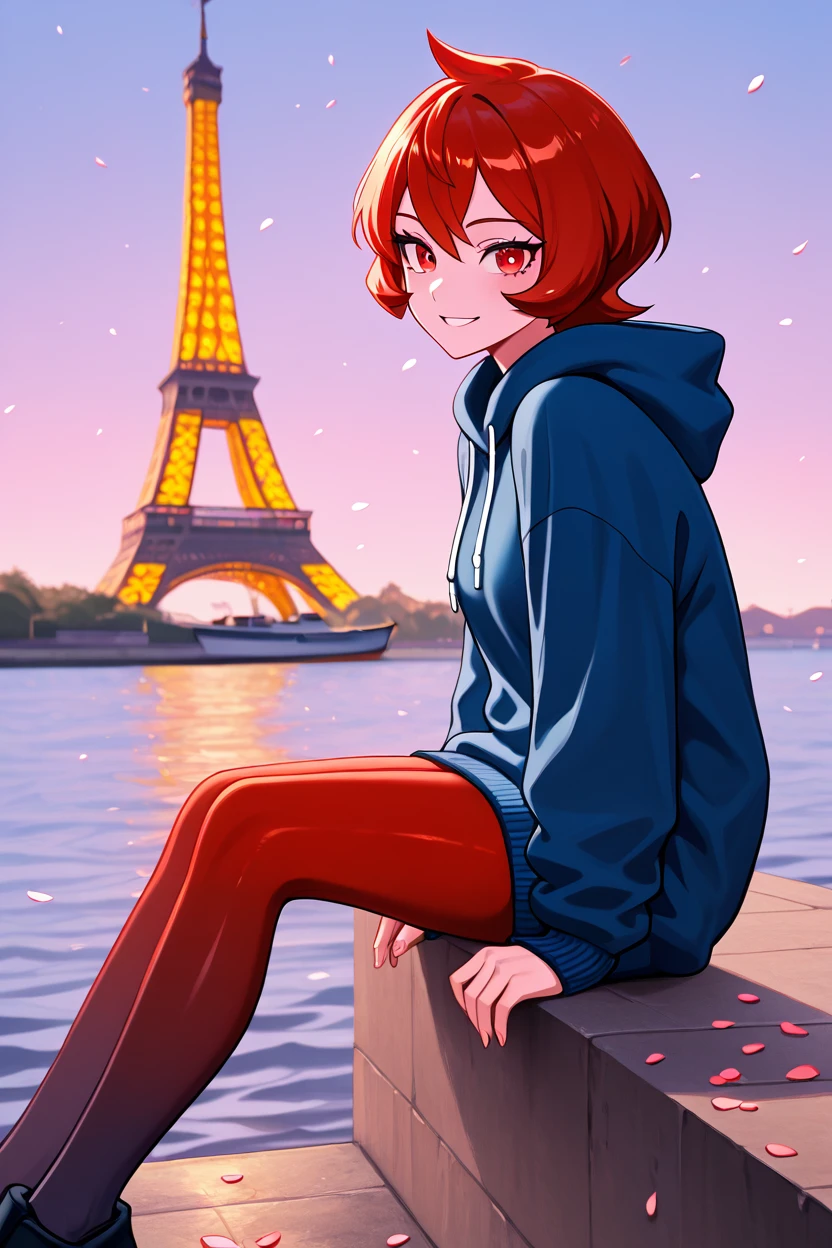 masterpiece, best quality, 1girl, solo, 21 year old model, eyelashes, (beautiful eyes),     ,,,zzArezu, solo, 1girl,  red hair, cowlick, red eyes, blue hoodie, hood, red pantyhose, gradient legwear,  <lora:ArezuPokemonIXL:1.0>, ,,, zzEiffelTower in background, sitting, watercraft, boat, sitting on wall, side view, looking at viewer, smile,,, blooming stars, luminescent petals, otherworldly fragrance blurry background, <lora:EiffelTowerIXL_v2:1.0>,