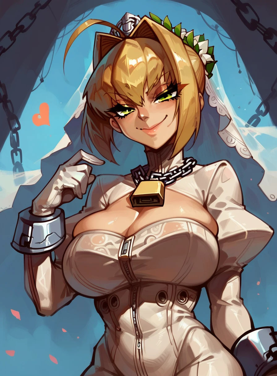 "score_9, score_8_up, score_7_up, source_anime, rating_questionable, 1girl, nero claudius (bride) (fate), nero claudius (fate), contrapposto, huge breasts, bodysuit, bridal veil, c:, chain, closed mouth, gloves, hair intakes, hand up, heart, lock, looking at viewer, padlock, sidelocks, sketch, smile, solo, upper body, veil, white gloves, yellow eyes, <lora:SmudgeWedgie_-_Style-000008:0.8> 5mudgeW3dgie, brush stroke, painterly, long_eyelashes, narrowed_eyes, character_concept, naughty_face, cowboy_shot, cloroful_theme, (perspective:1.2, dutch_angle:1.25), skindentation:1.1, (foreshortening:1.2), (embedding:zPDXL2)