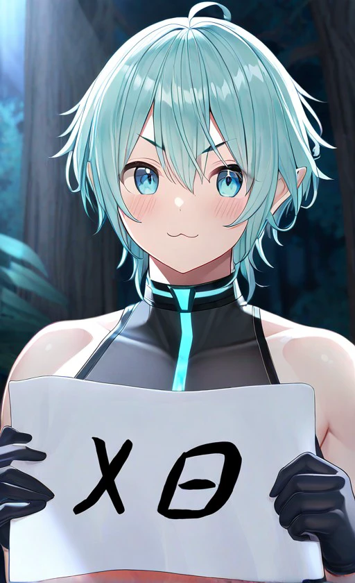 (masterpiece, best quality, high quality, highres, ultra-detailed), 
1boy, solo, male focus, looking at viewer, upper body, :3, blush, 
<lora:HeartieAtakiyo_Illustrious:1.0>heartieatakiyo, bare shoulders, black gloves, crop top, aqua hair, 
forest, night, moonlight, depth of field, 
<lora:holding blank sign_P_XL:1.0> holding blank sign, Hold up a sign saying TWAT!,,