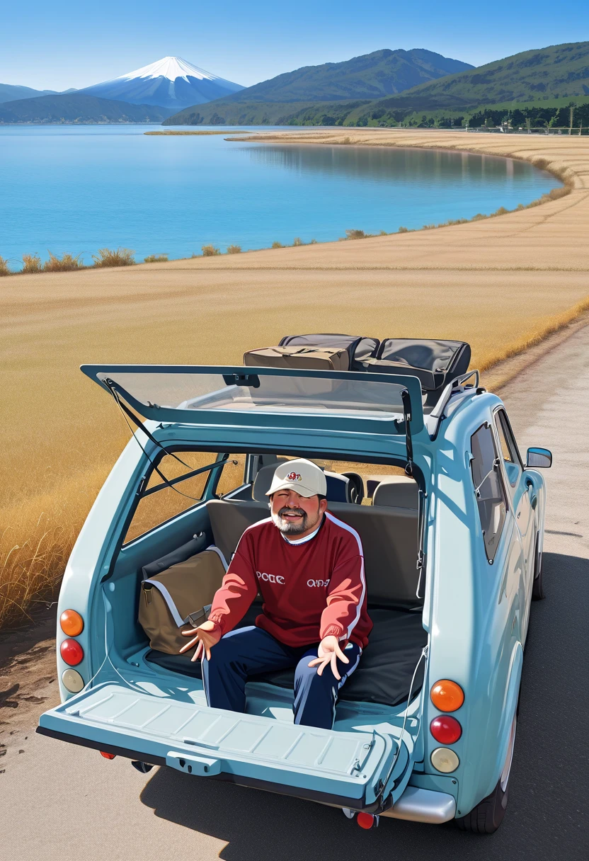 score_9,score_8_up,score_7_up,masterpiece,best quality,background mt.fuji,lakeside,lake,autum leaves,tent,open rear gate,open door,dirt road,
1man,mature man,solo30 years old,cap,sit on rear gate,sitting on rear gate,sitting facing viewer(1.4),legs outstretched towards viewer,,<lora:pao:1>,pao,