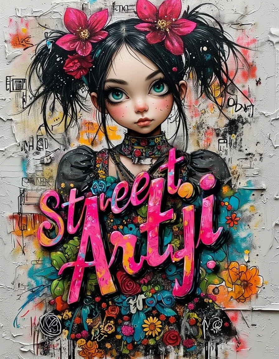 Street-Artji, vibrant 3d "Street Artji" text in graffiti style, sorrounded by doodles and a gothic girl  wearing colorful dress and flowers on her head. painted on a wall . <lora:Street_Artji_v1:1>