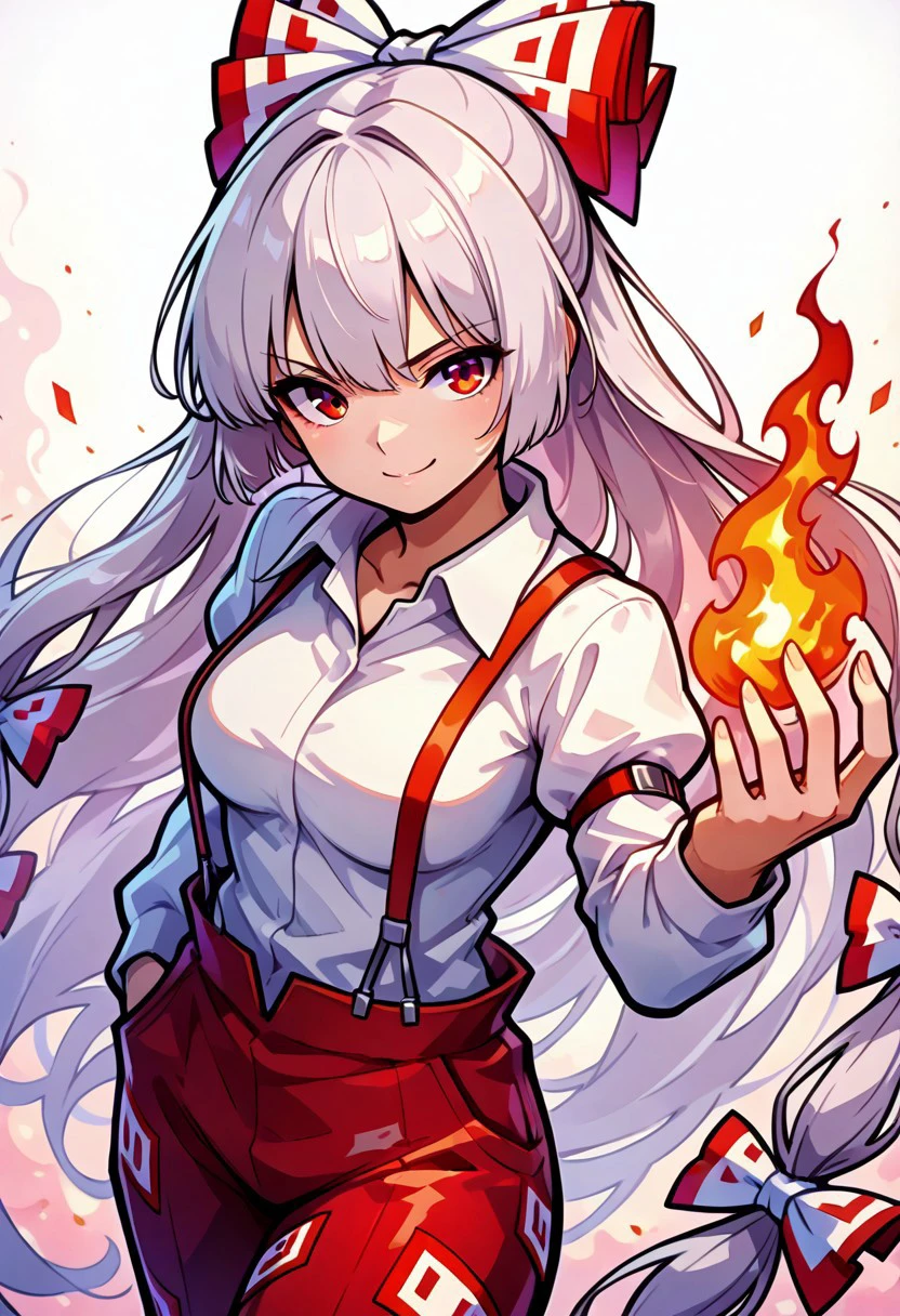 zzMokou, red eyes, hair between eyes, grey hair, hair bow, hair ribbon, long hair, very long hair, white hair, bow, suspenders, white shirt, shirt, long sleeves, pants, white bow, red pants, collared shirt
fire, aura, foreshortening,
,cowboy shot, medium breasts, curvy, smile, looking at viewer, pretty background, dynamic pose,