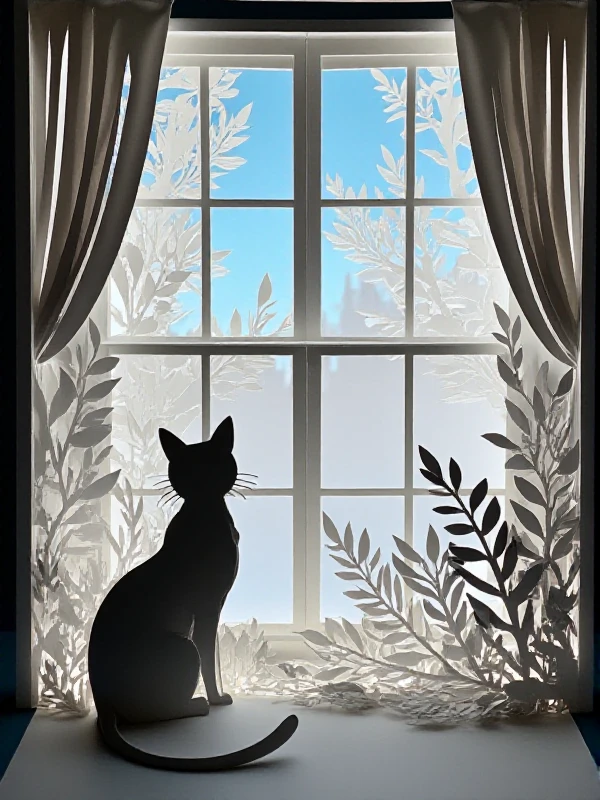 <lora:Kirigami_Style:0.9> kirigami style of a cat at a window