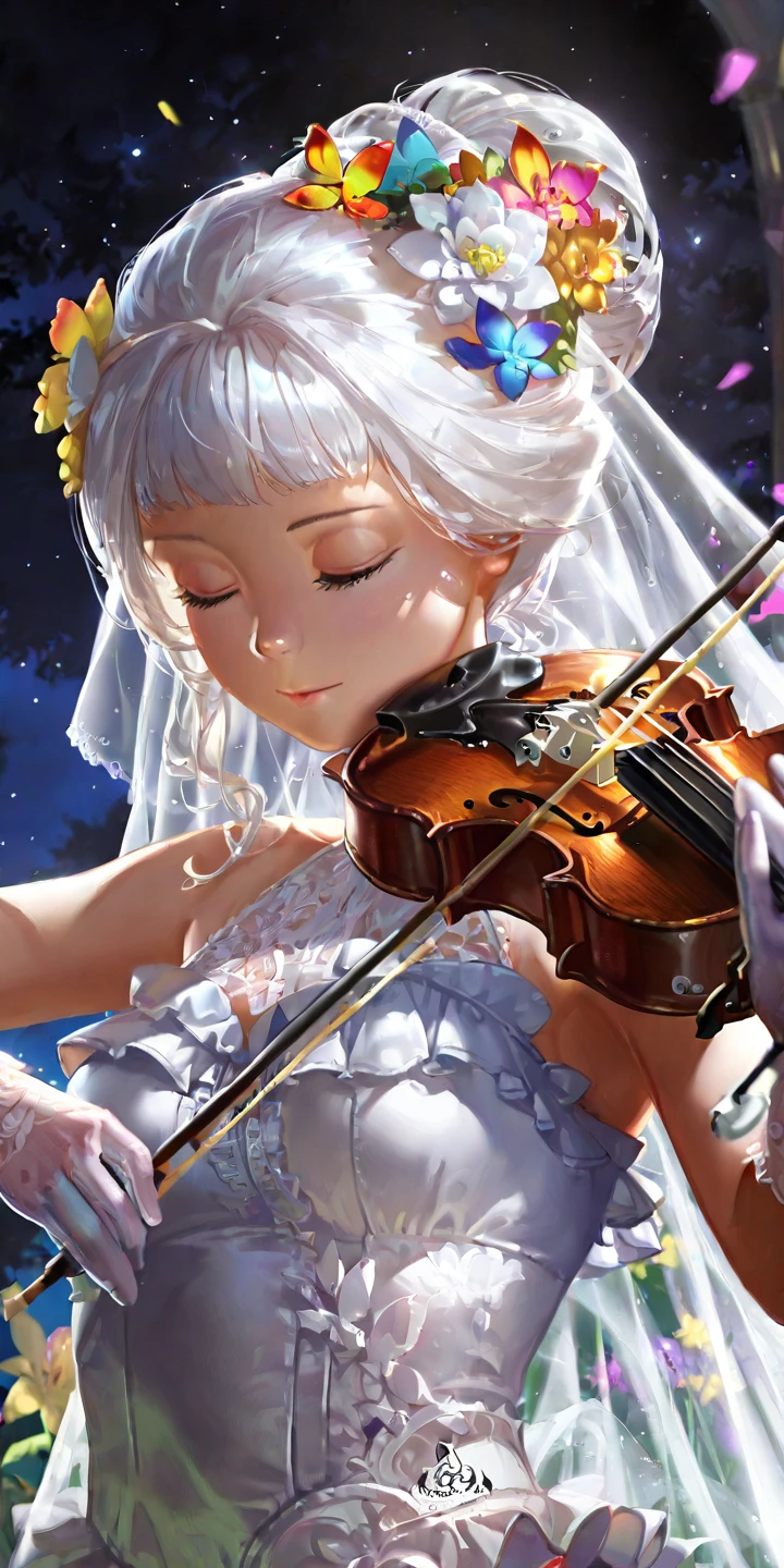 close-up, upper body, pose,1girl, solo, playing violin, violin, musical instrument, white hair, long hair, flower, hair flower, hair ornament, veil, wedding dress, frills, lace, gloves, arm up, eyes closed, looking down, fantasy, colorful butterflies, glowing, magic, digital painting, detailed background, scenery, outdoors, night, signature, dot nose  <lora:digital_paint:1>