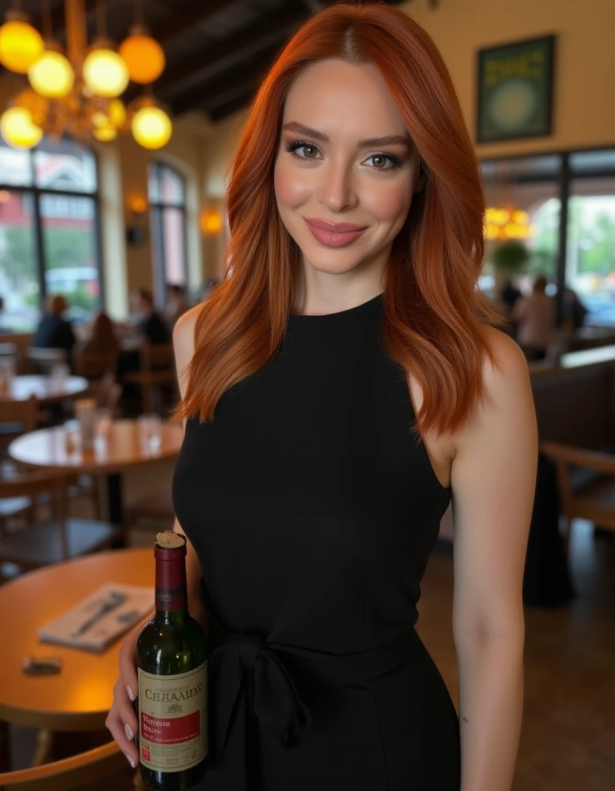 Highly detailed image of a woman with auburn hair wearing  a dark bottleneck dress, standing in a cafe smiling at the viewer  <lora:Melis Hazal:1>