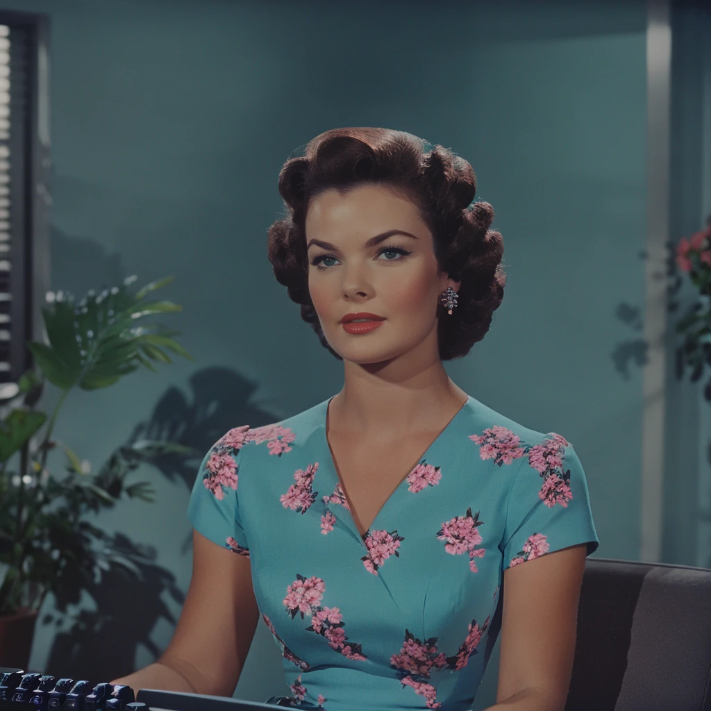 <lora:50sPanavisionMovieSD1:1> ArsMovieStill, Movie Still From Colored 1950s Super Panavision 70 Movie, The image shows a woman in a blue dress sitting at a typewriter with a plant with flowers to her left and a wall and window in the background., 1girl, solo, brown hair, looking at viewer, earrings, jewelry, red lips, floral print, short sleeves, upper body