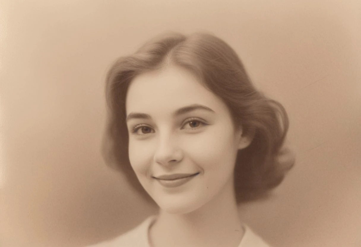 Create a soft, sepia-toned portrait of a young woman with delicate features and a gentle smile. Her hair is smooth and neatly parted, giving a timeless and serene appearance. The composition is inspired by vintage photography, with a warm, nostalgic atmosphere and a blurred background to emphasize an ethereal, dreamy aesthetic.