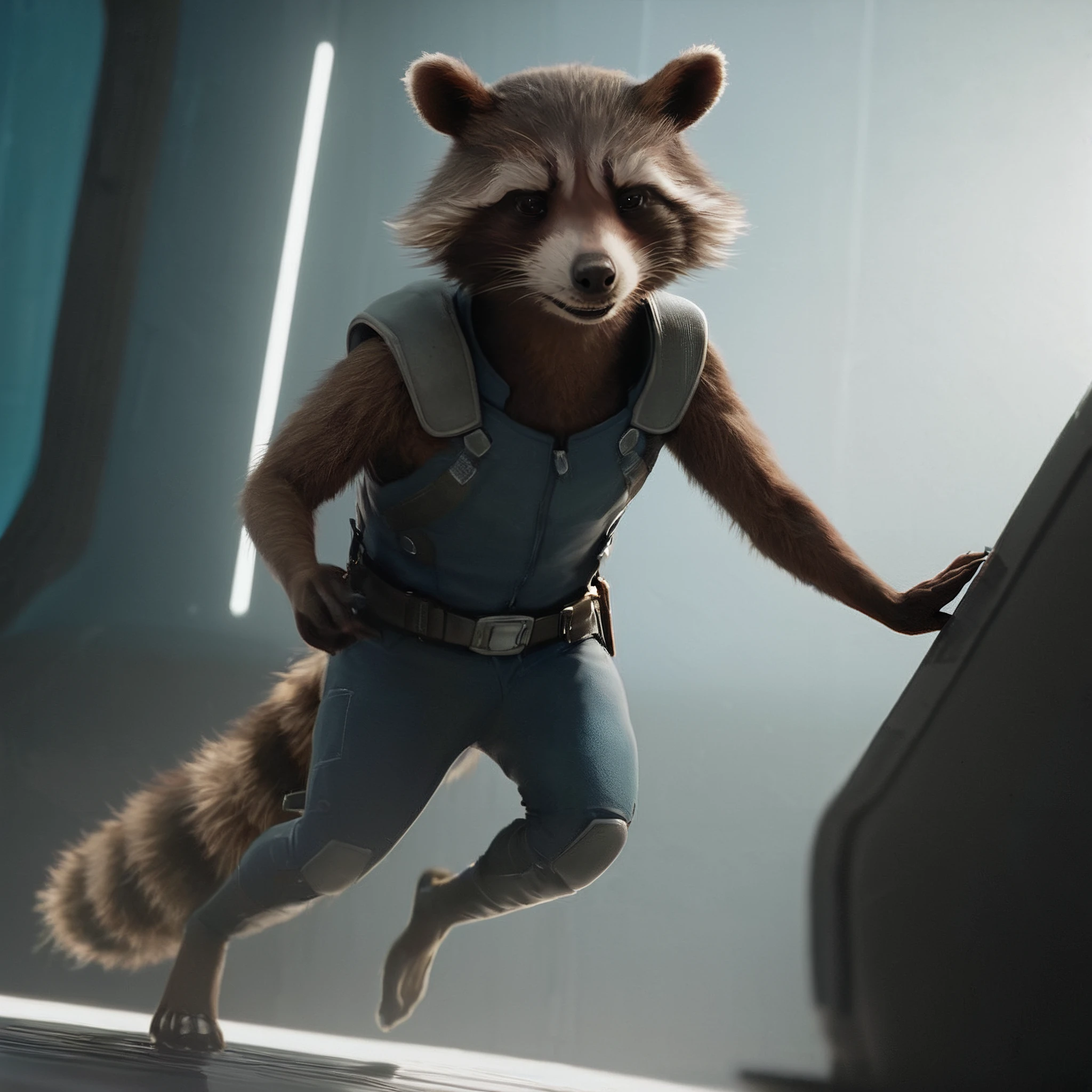 score_9, score_8_up, score_7_up, BREAK  <lora:rraccoon_ponyxl-000004:1> rraccoon2024, male, realistic, dark eyes, looking at viewer, dynamic pose, full body, spaceship interior, backlighting, <lora:add-detail-xl:1> <lora:xl_more_art-full_v1:1>