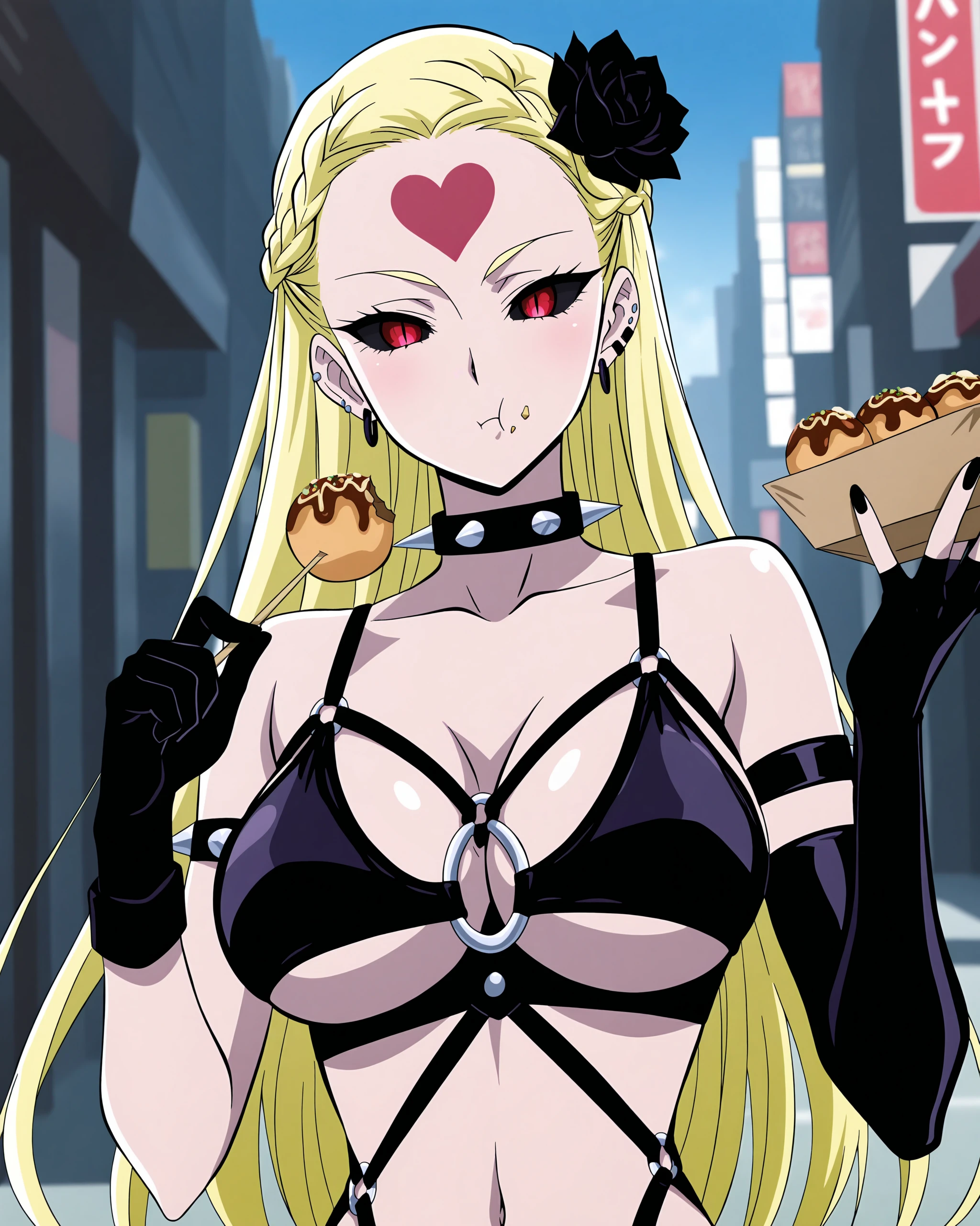 best quality,anime screencap,anime style,(1girl,solo:1.2),DoS,hair flower,forehead heart mark,purple bondage outfit,DoS,asymmetrical gloves,right spike armband,asymmetrical thighboots,left spike thigh strap,underboob heart-ring bkini,blonde hair,long hair,braid,piercing,black sclera,red eyes,spiked collar,o-ring,<lora:DoS_onepunchman_ILnw64v1.1> BREAK
(upper body,face focus:1.3),eating takoyaki,(bare face,face with no:1.3),looking at viewer,slit pupils,city street,