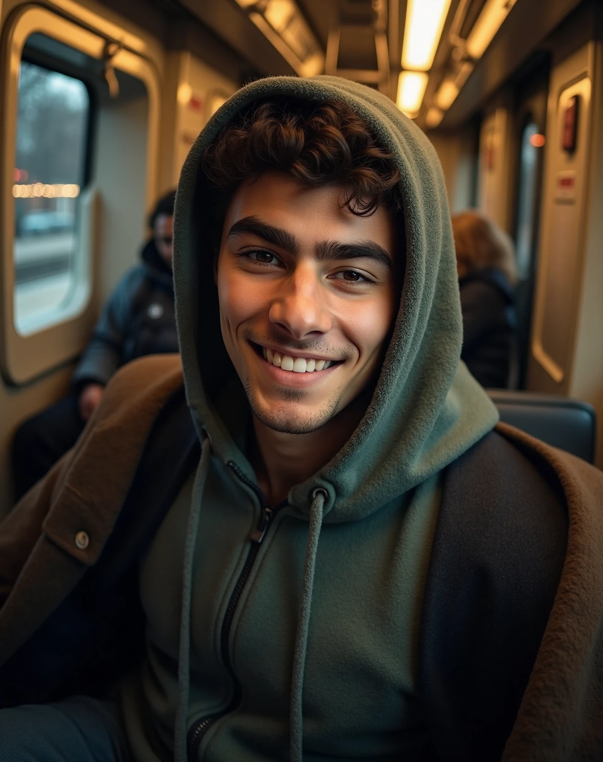 Luigi Mangione, a young muscular man with short, curly dark brown hair, sits confidently in a car's interior, his broad smile showcasing pearly whites. He dons a grey-green hoodie with the hood up, covering his head, and a coat, as seen from a bird's-eye view above. The warm glow of the train station's CCTV camera casts a soft light on Luigi, highlighting the contours of his strong physique.